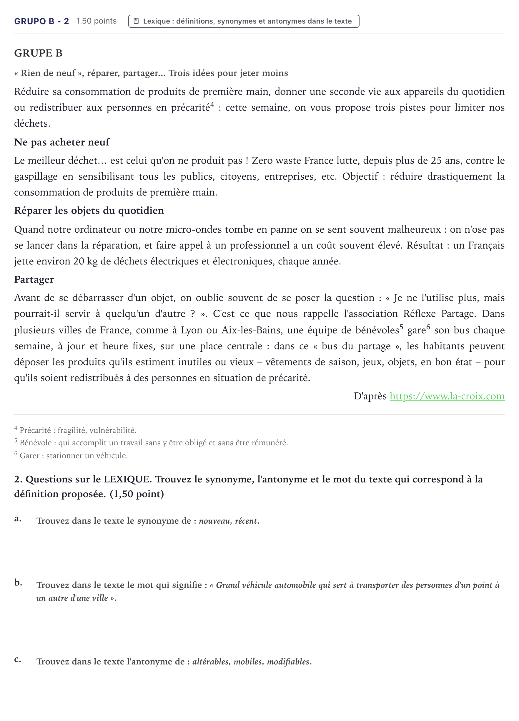 Enunciado: Ejercicio Grupo B - 2 · Francés PAU Canarias Junio (Humanidades) 2024