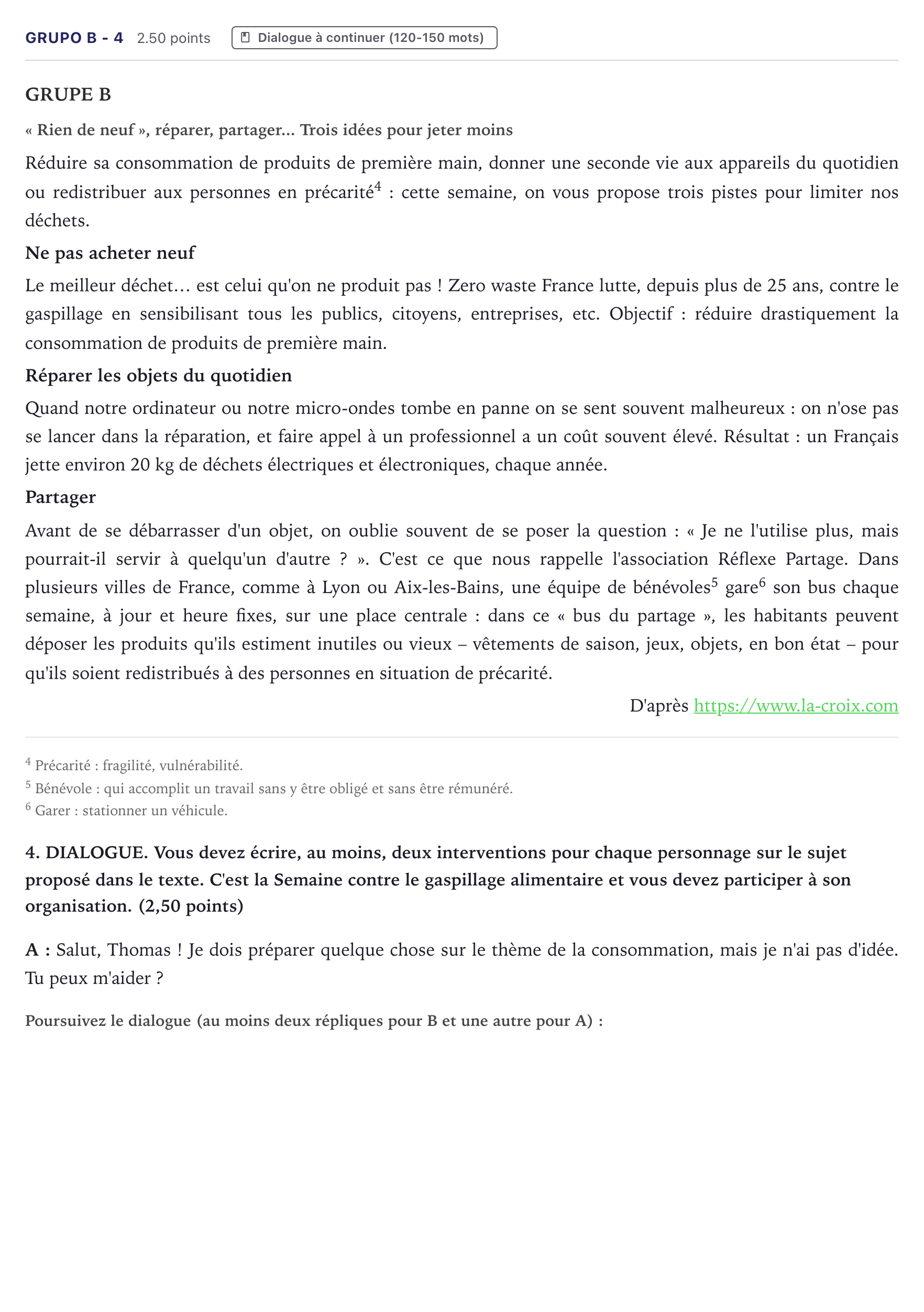 Enunciado: Ejercicio Grupo B - 4 · Francés PAU Canarias Junio (Humanidades) 2024
