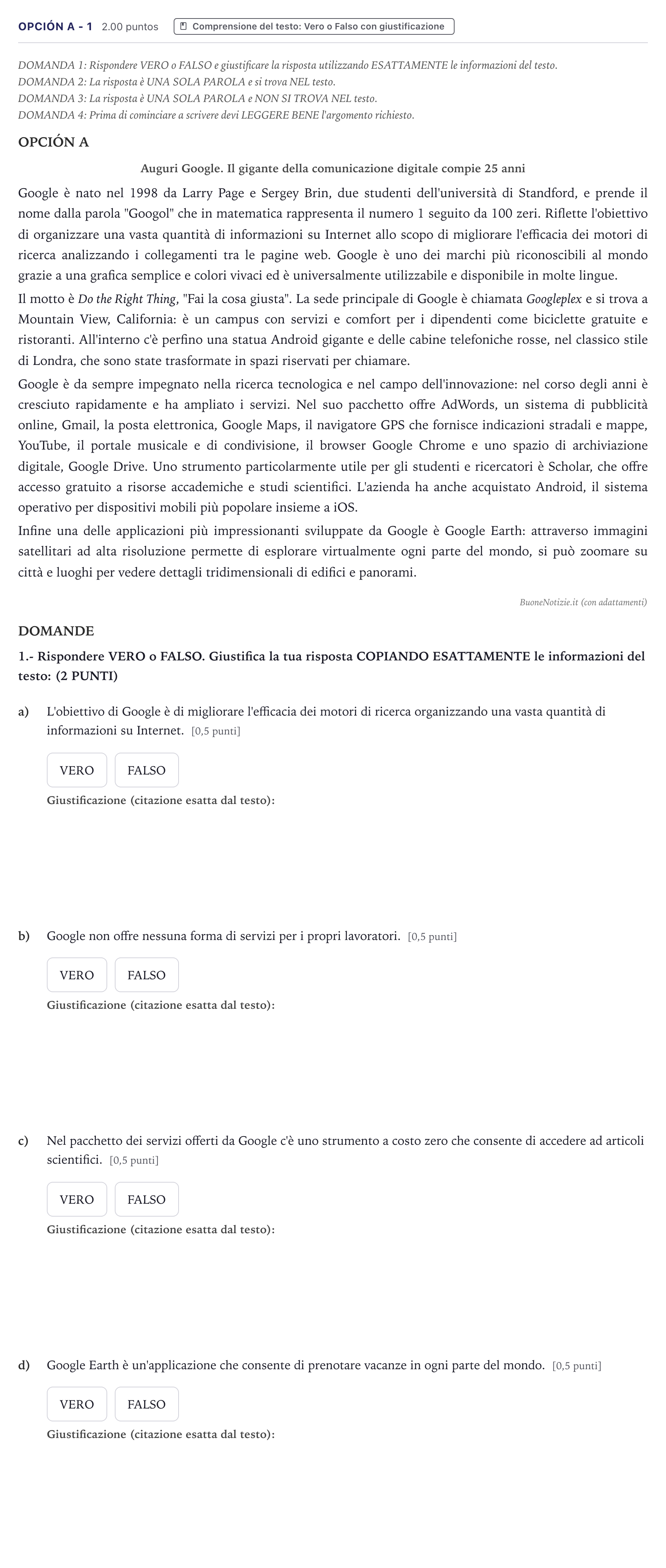 Enunciado: Opción A - 1 · Italiano PAU Canarias Junio (Ciencias) 2024