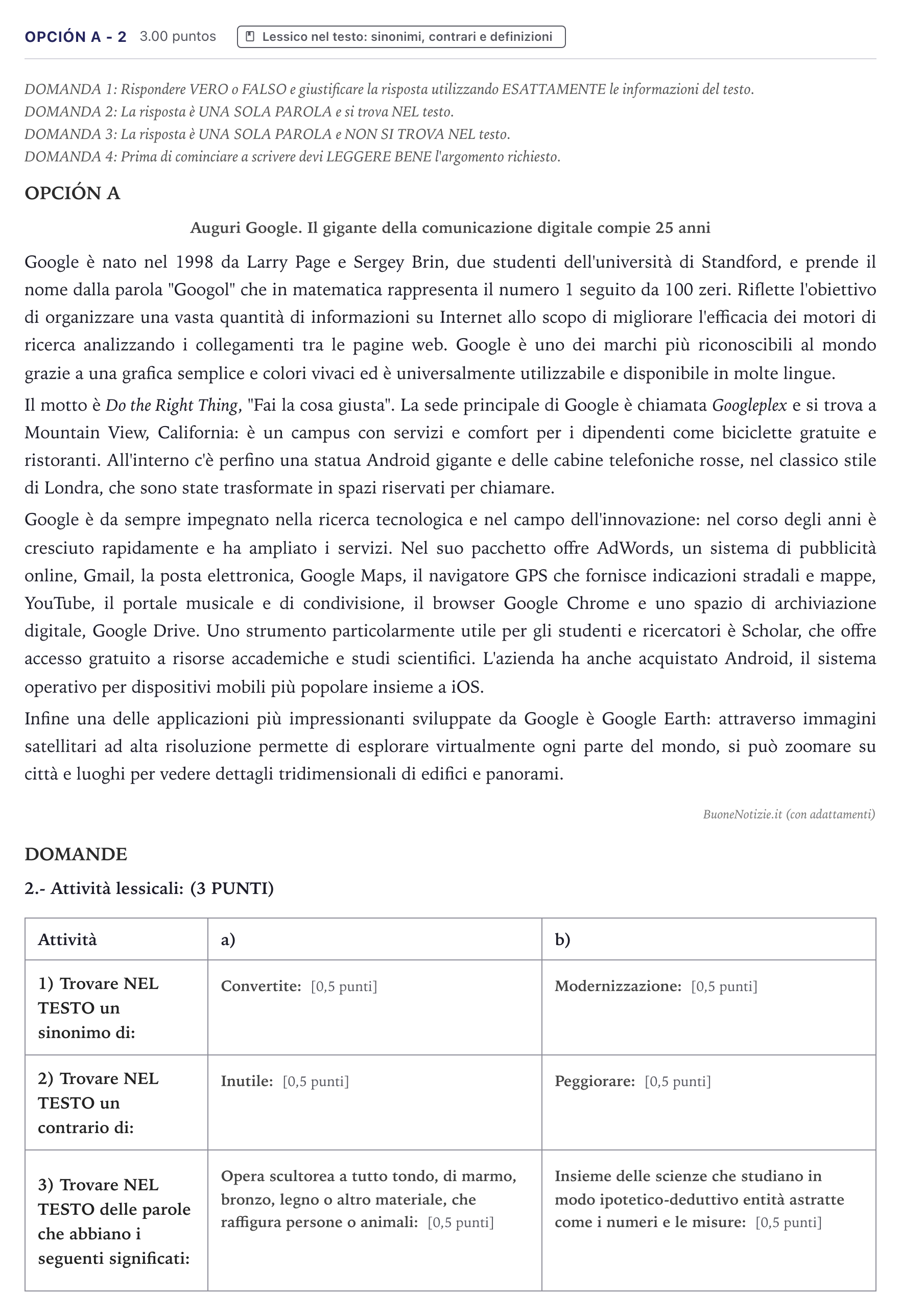 Enunciado: Opción A - 2 · Italiano PAU Canarias Junio (Ciencias) 2024