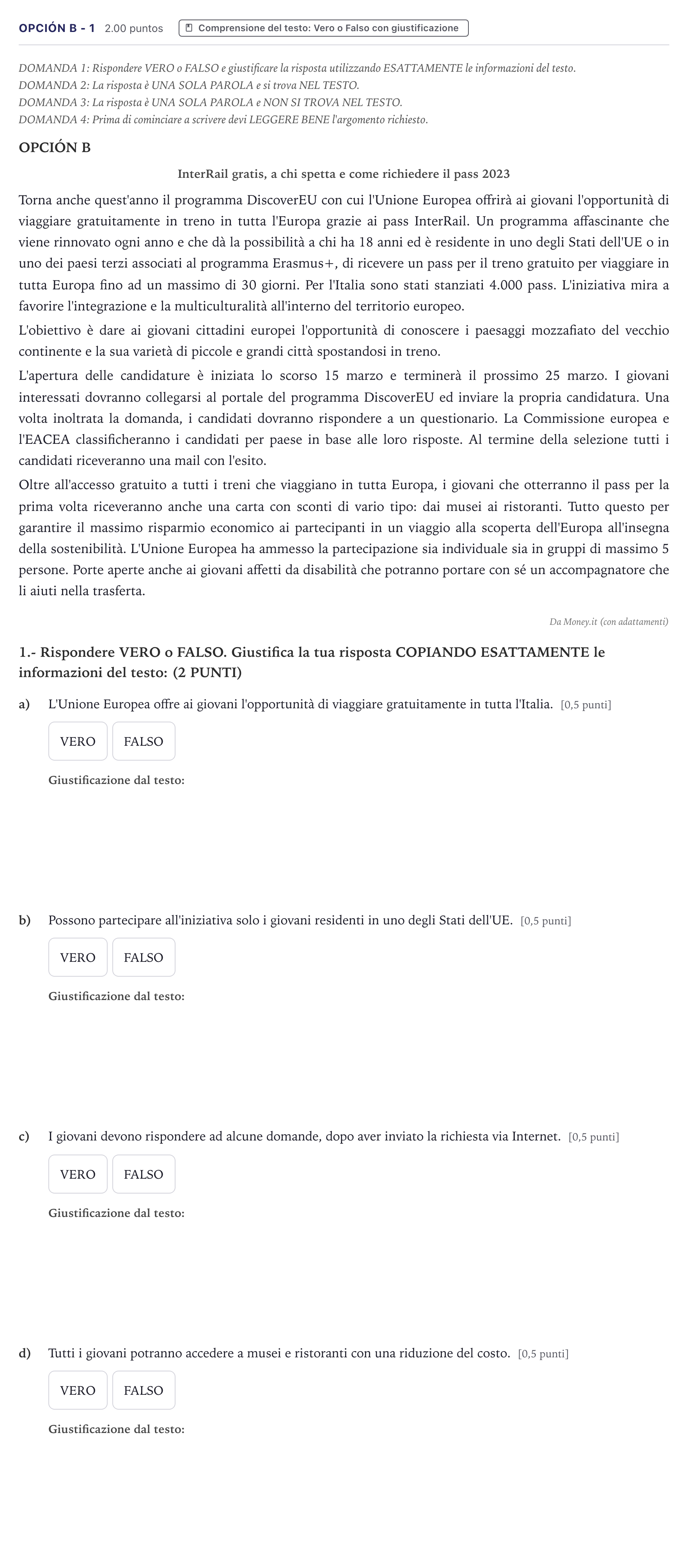 Enunciado: Opción B - 1 · Italiano PAU Canarias Junio (Ciencias) 2024