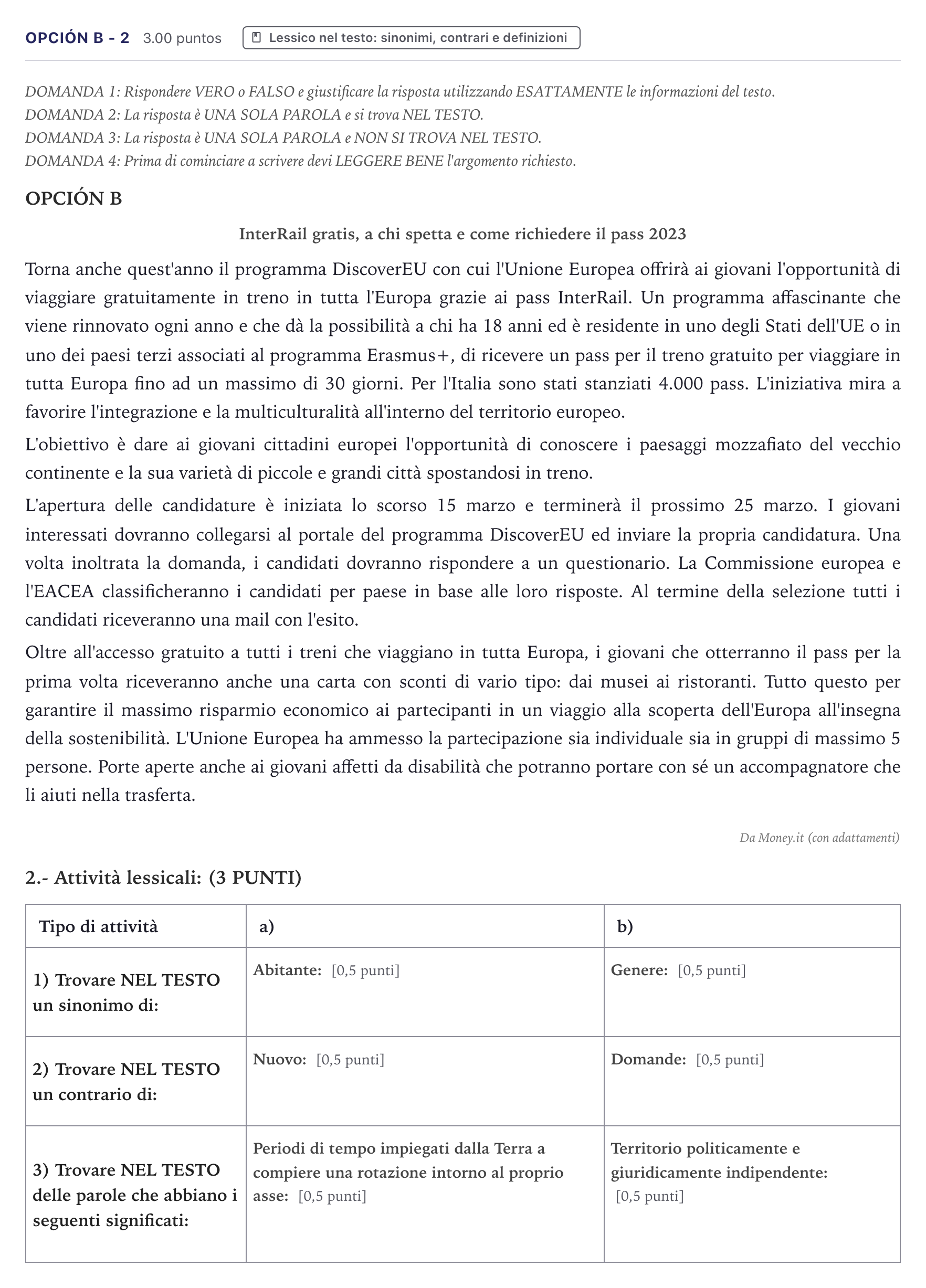 Enunciado: Opción B - 2 · Italiano PAU Canarias Junio (Ciencias) 2024
