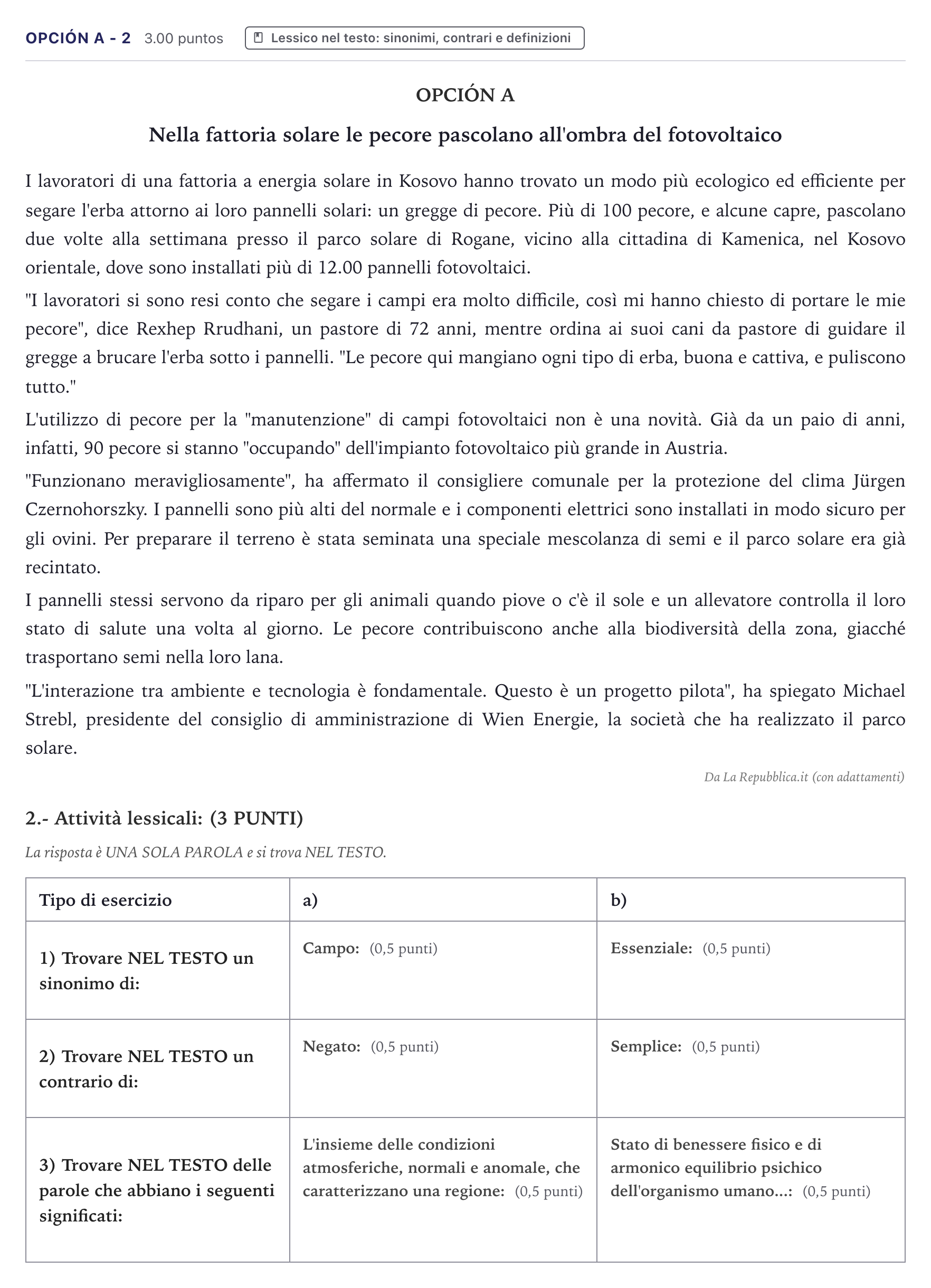 Enunciado: Opción A - 2 · Italiano PAU Canarias Junio (Humanidades) 2024