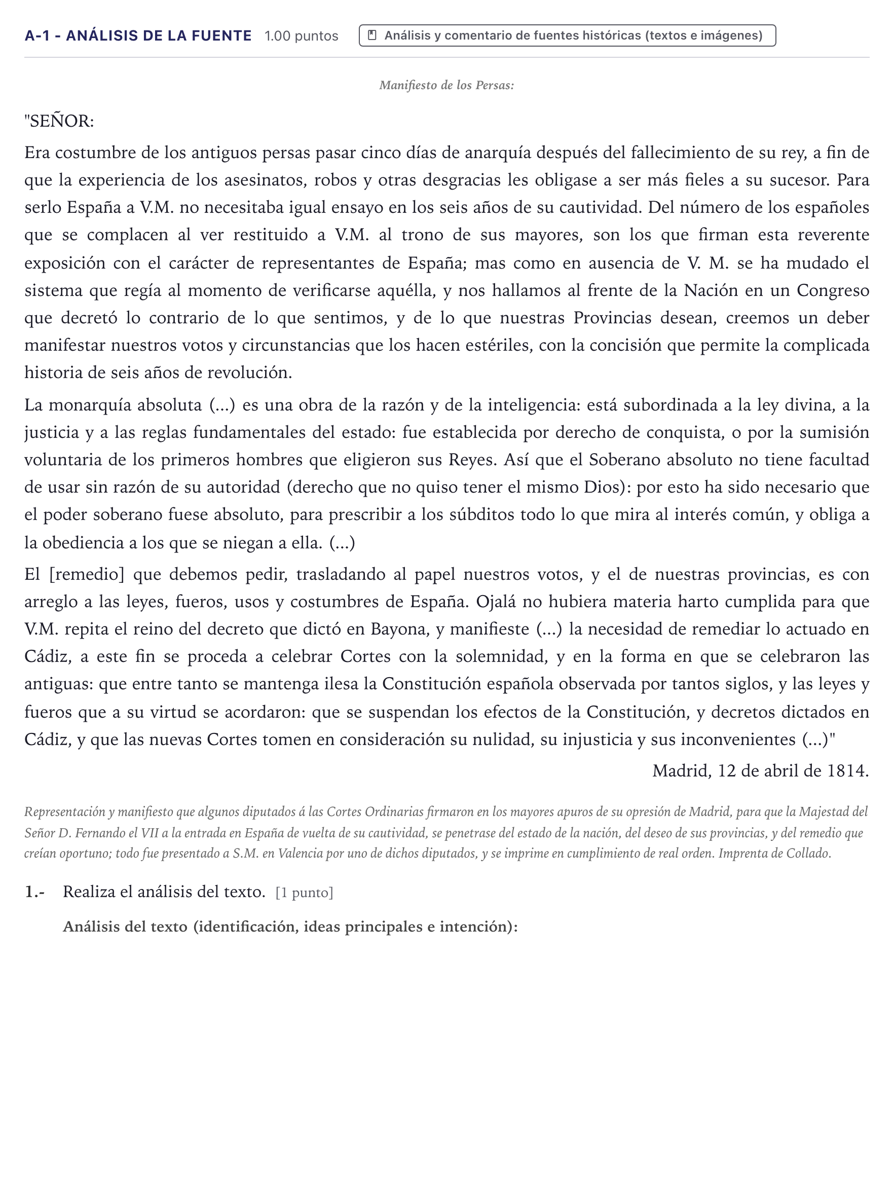 Enunciado: Ejercicio A-1 - Análisis de la fuente · Historia de España PAU Canarias Junio (Humanidades) 2024