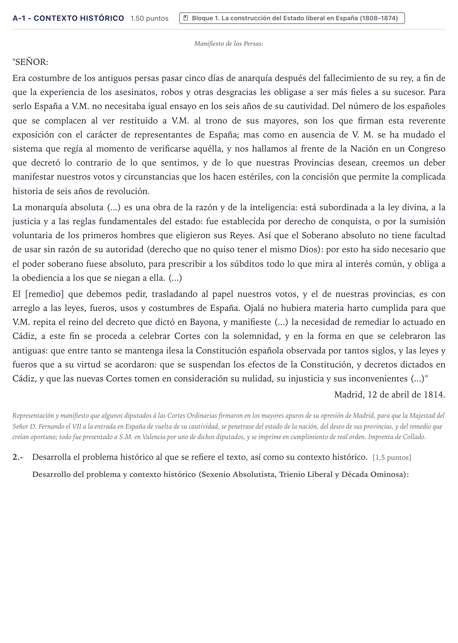 Enunciado: Ejercicio A-1 - Contexto histórico · Historia de España PAU Canarias Junio (Humanidades) 2024