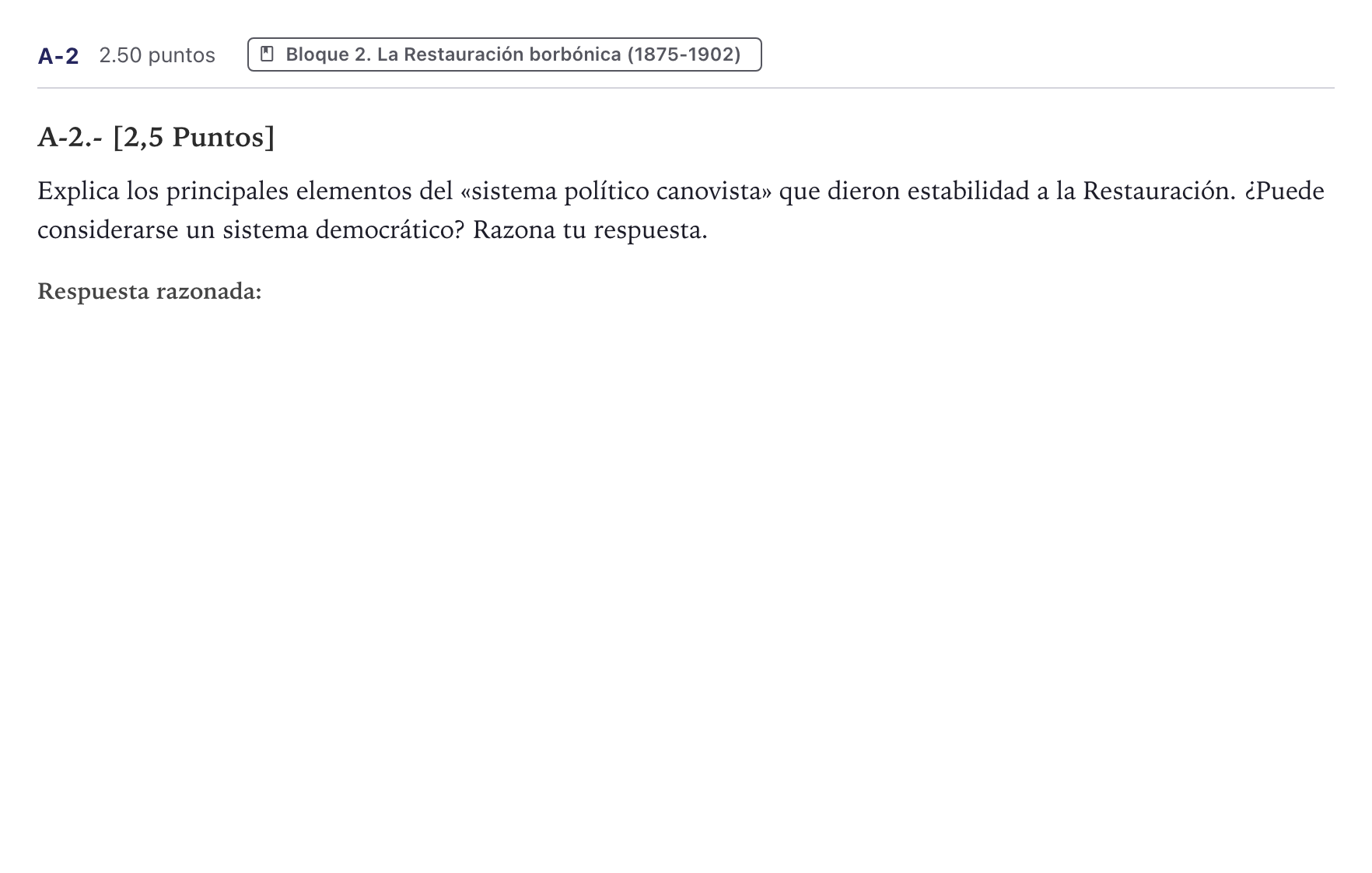 Enunciado: Ejercicio A-2 · Historia de España PAU Canarias Junio (Humanidades) 2024