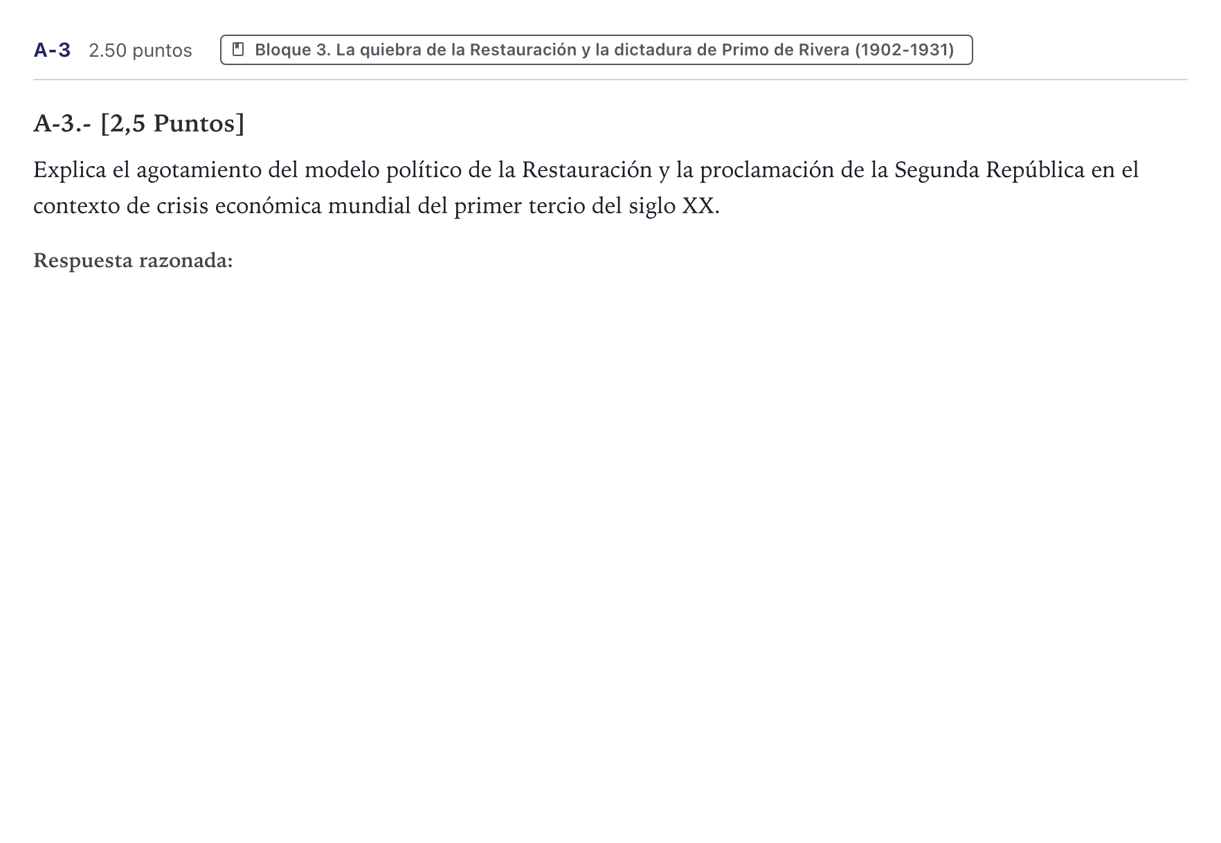 Enunciado: Ejercicio A-3 · Historia de España PAU Canarias Junio (Humanidades) 2024
