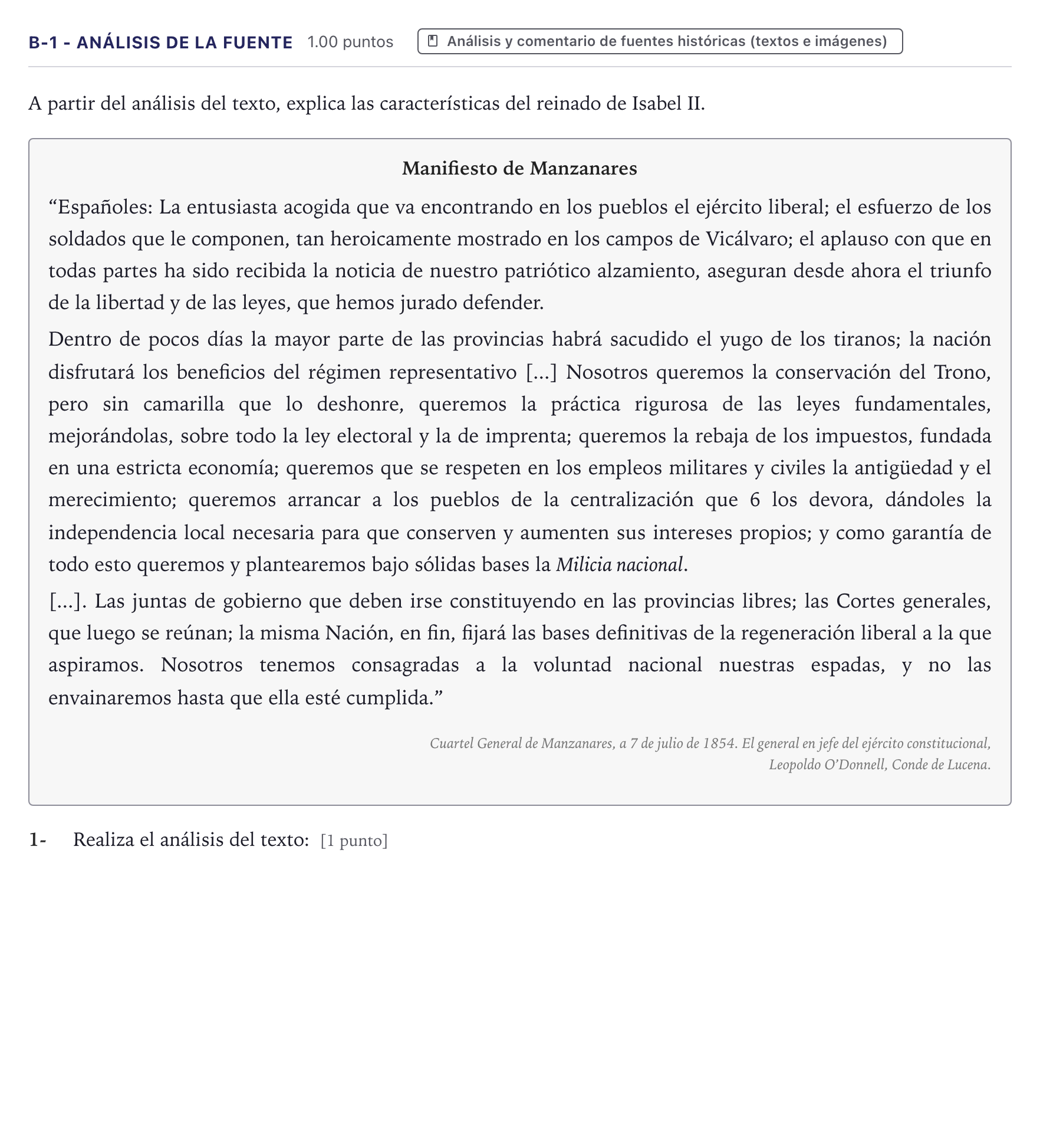 Enunciado: Ejercicio B-1 - Análisis de la fuente · Historia de España PAU Canarias Junio (Humanidades) 2024