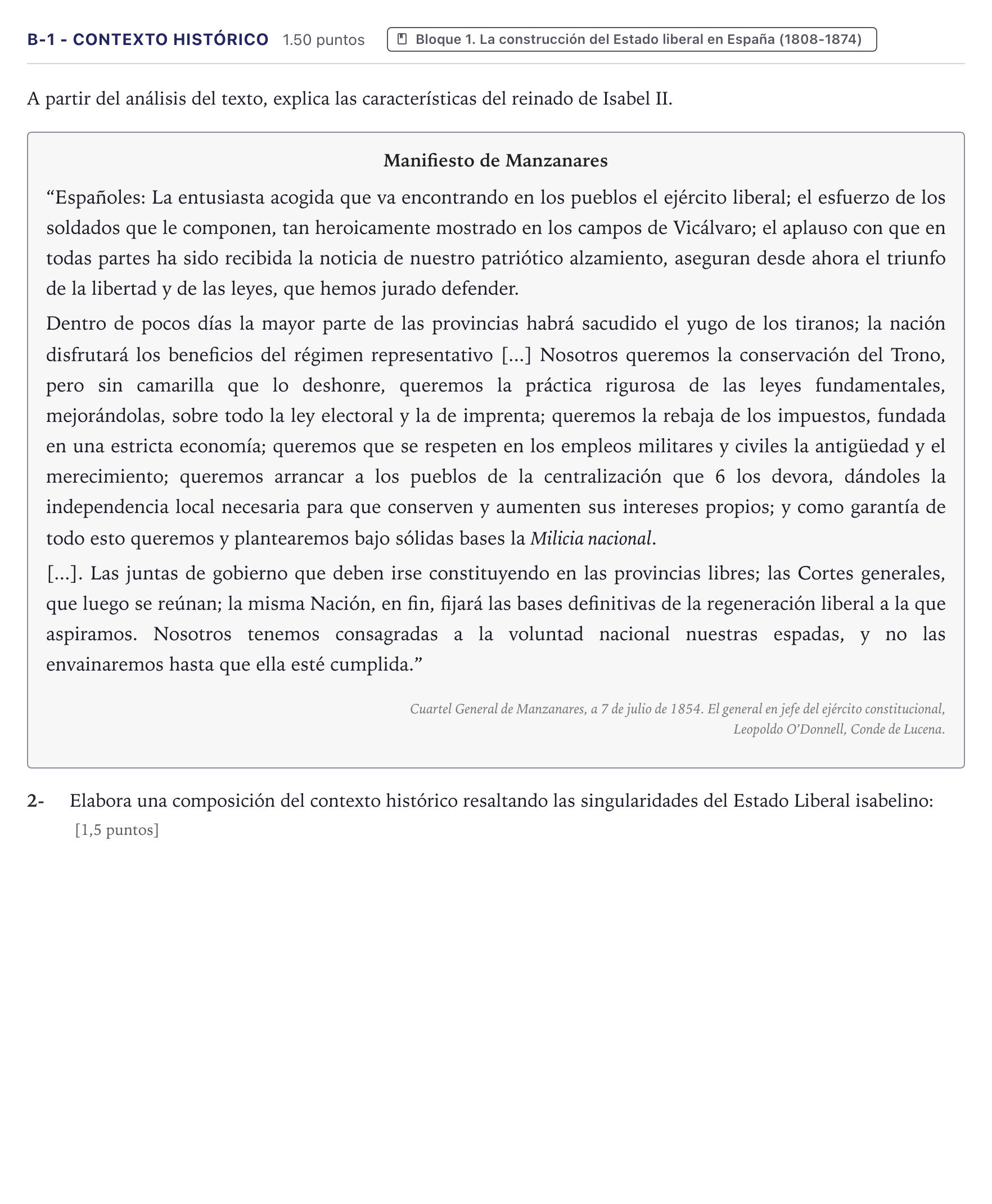 Enunciado: Ejercicio B-1 - Contexto histórico · Historia de España PAU Canarias Junio (Humanidades) 2024