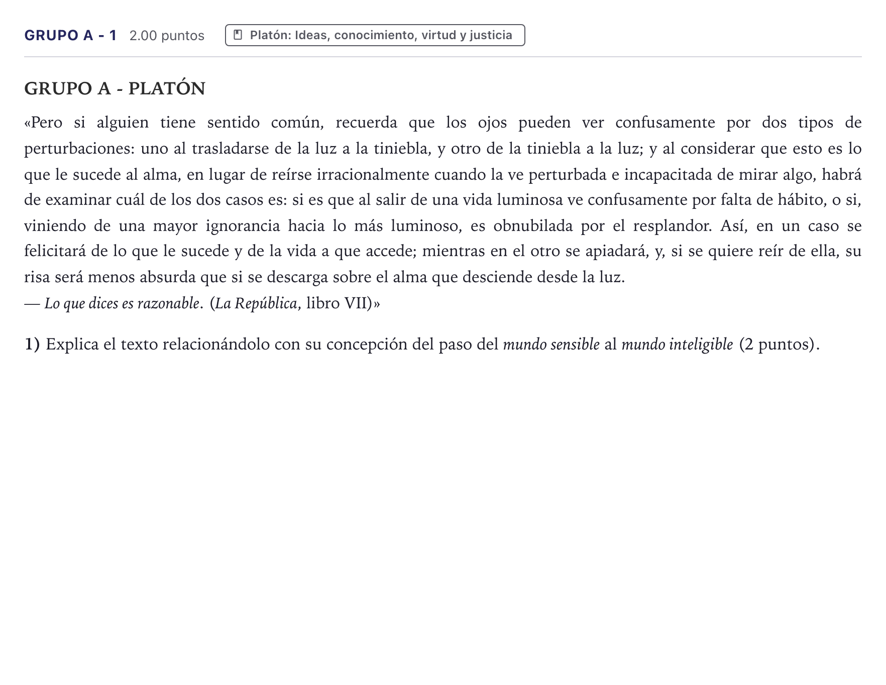 Enunciado: Ejercicio Grupo A - 1 · Historia de la Filosofía PAU Canarias Junio (Ciencias) 2024