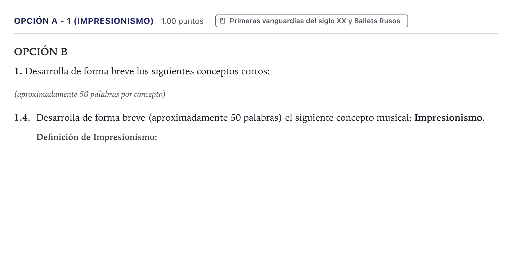 Enunciado: Opción A - 1 (Impresionismo) · Historia de la Música y la Danza PAU Canarias Junio 2024