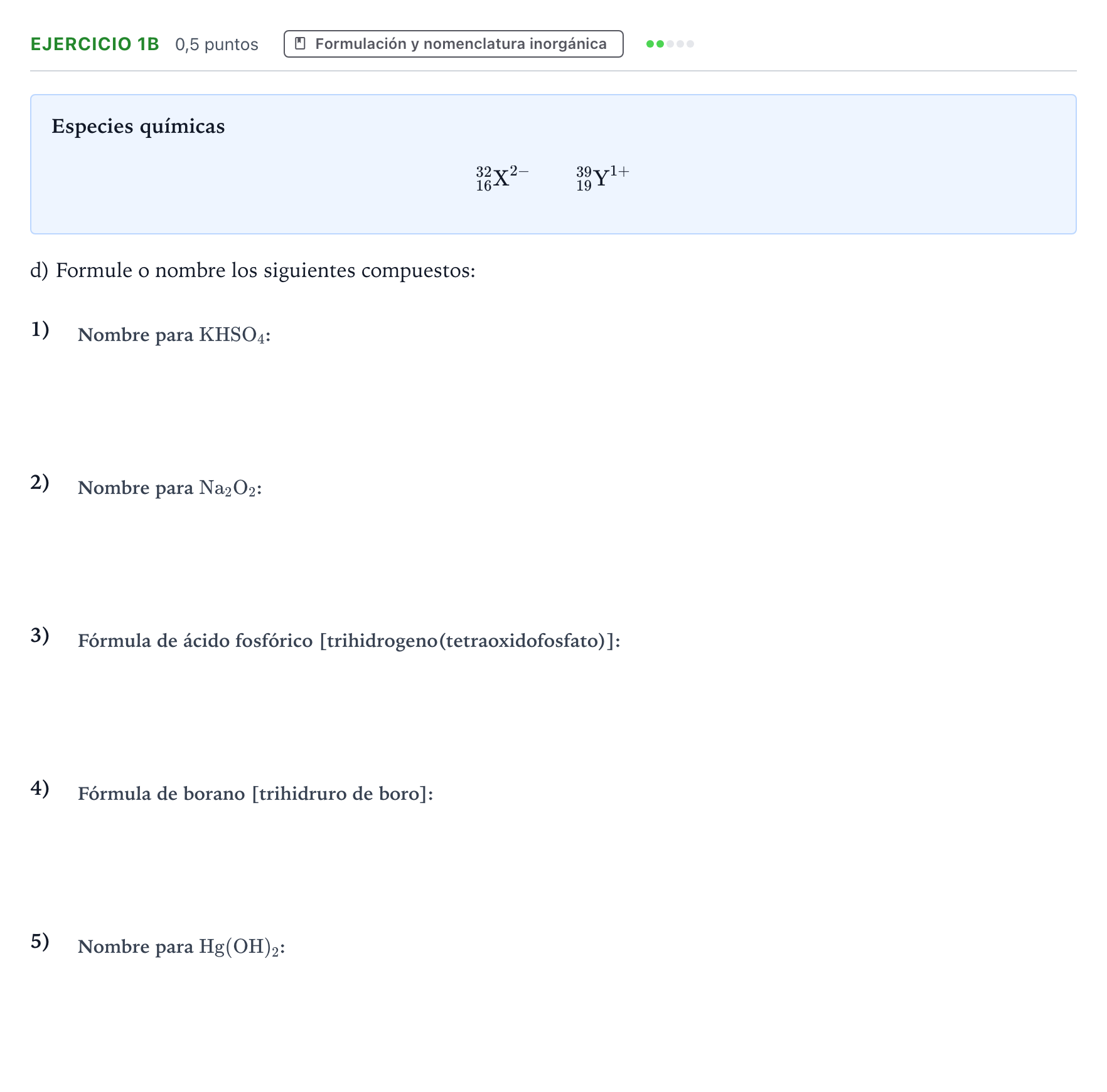 Enunciado: Ejercicio 1B - Formulación y nomenclatura inorgánica · Química PAU Canarias Junio 2024