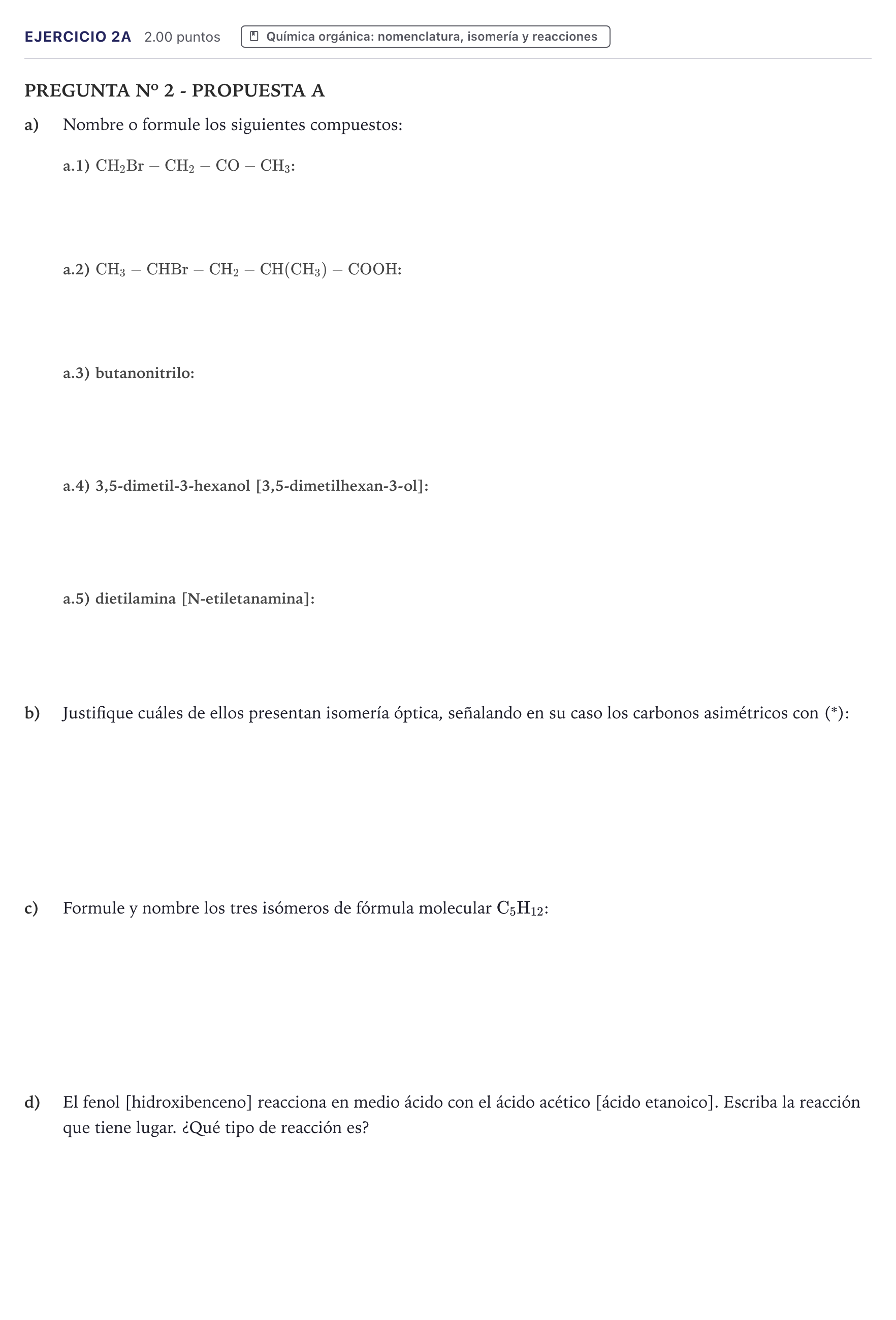 Enunciado: Ejercicio 2A · Química PAU Canarias Junio 2024