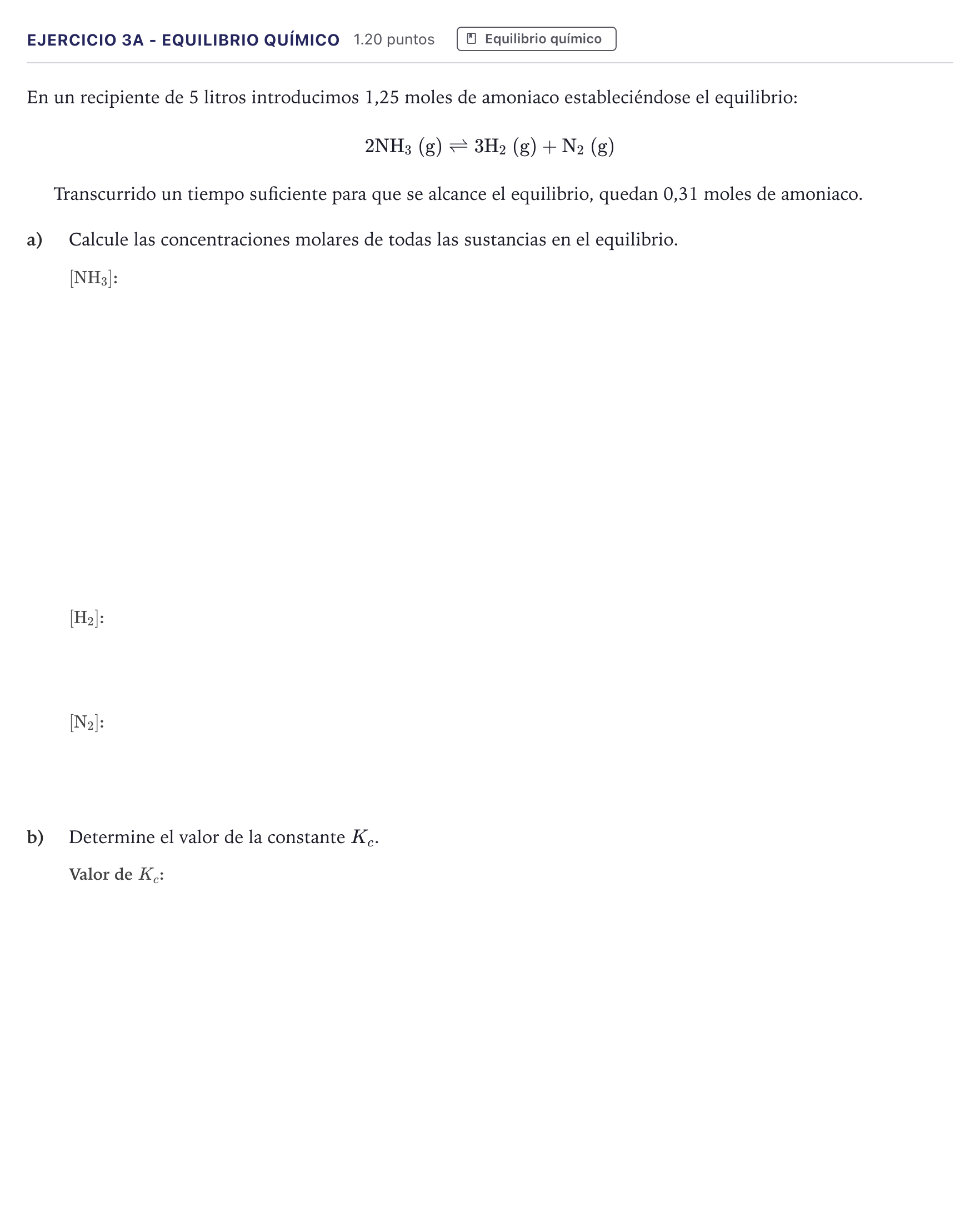 Enunciado: Ejercicio 3A - Equilibrio químico · Química PAU Canarias Junio 2024