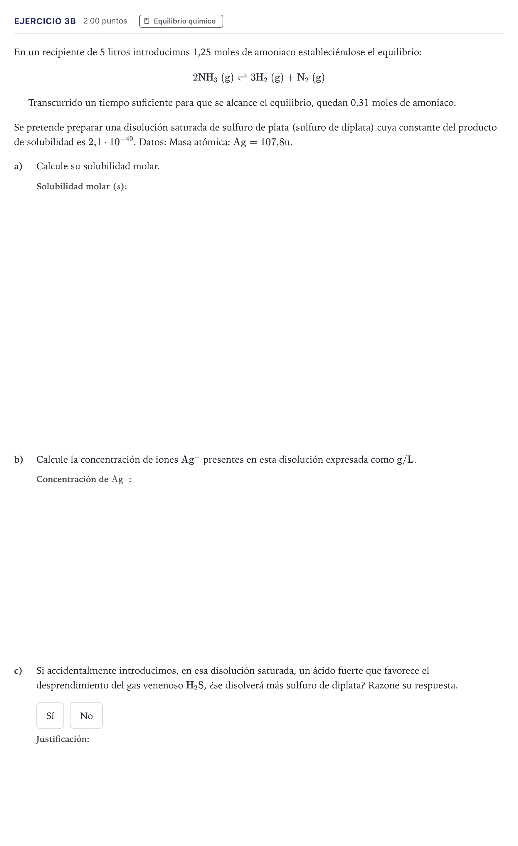 Enunciado: Ejercicio 3B · Química PAU Canarias Junio 2024