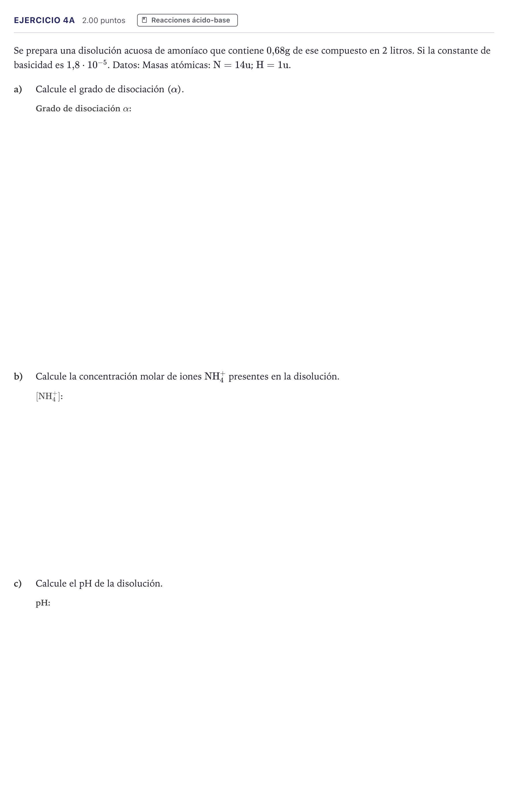 Enunciado: Ejercicio 4A · Química PAU Canarias Junio 2024