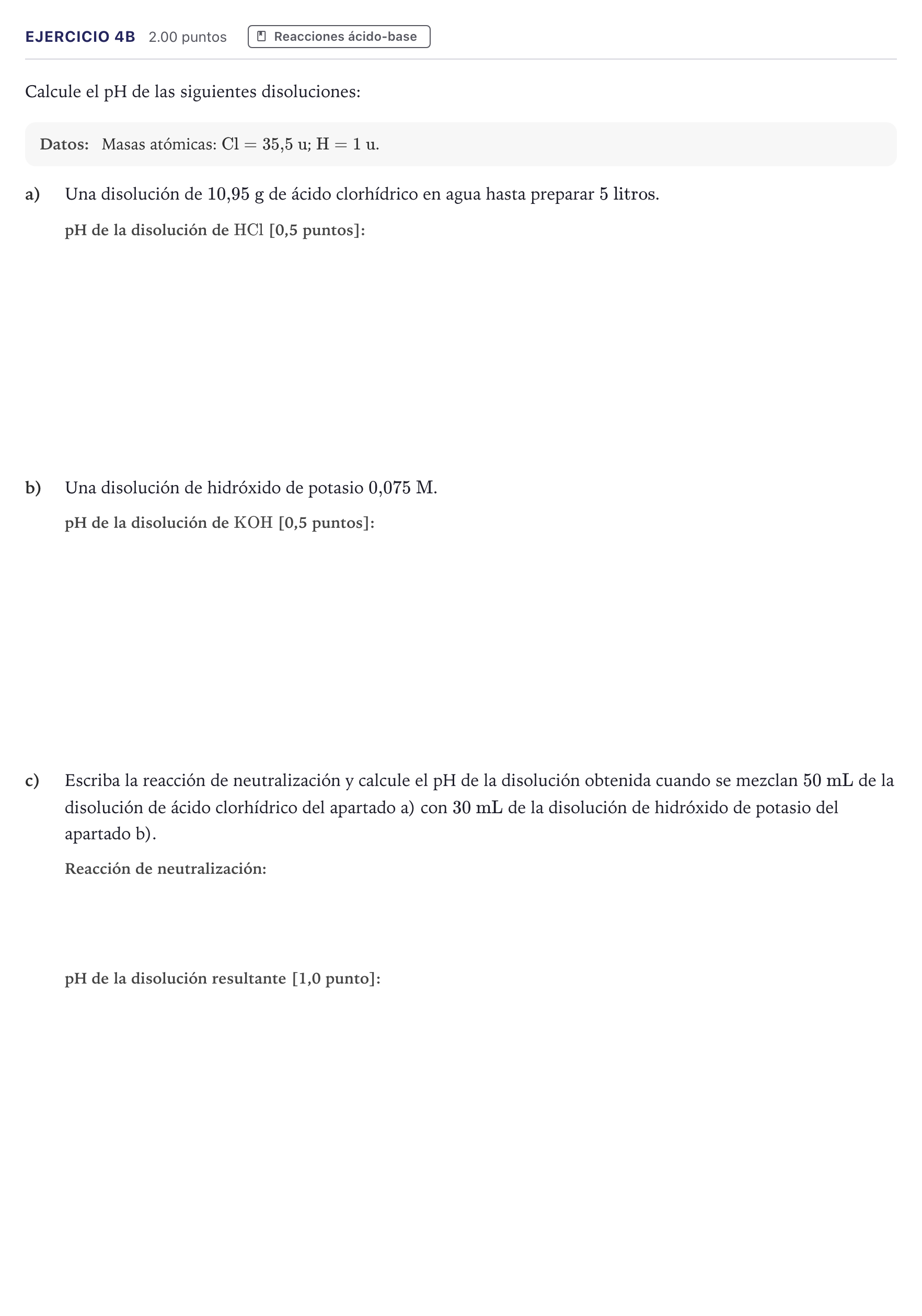 Enunciado: Ejercicio 4B · Química PAU Canarias Junio 2024