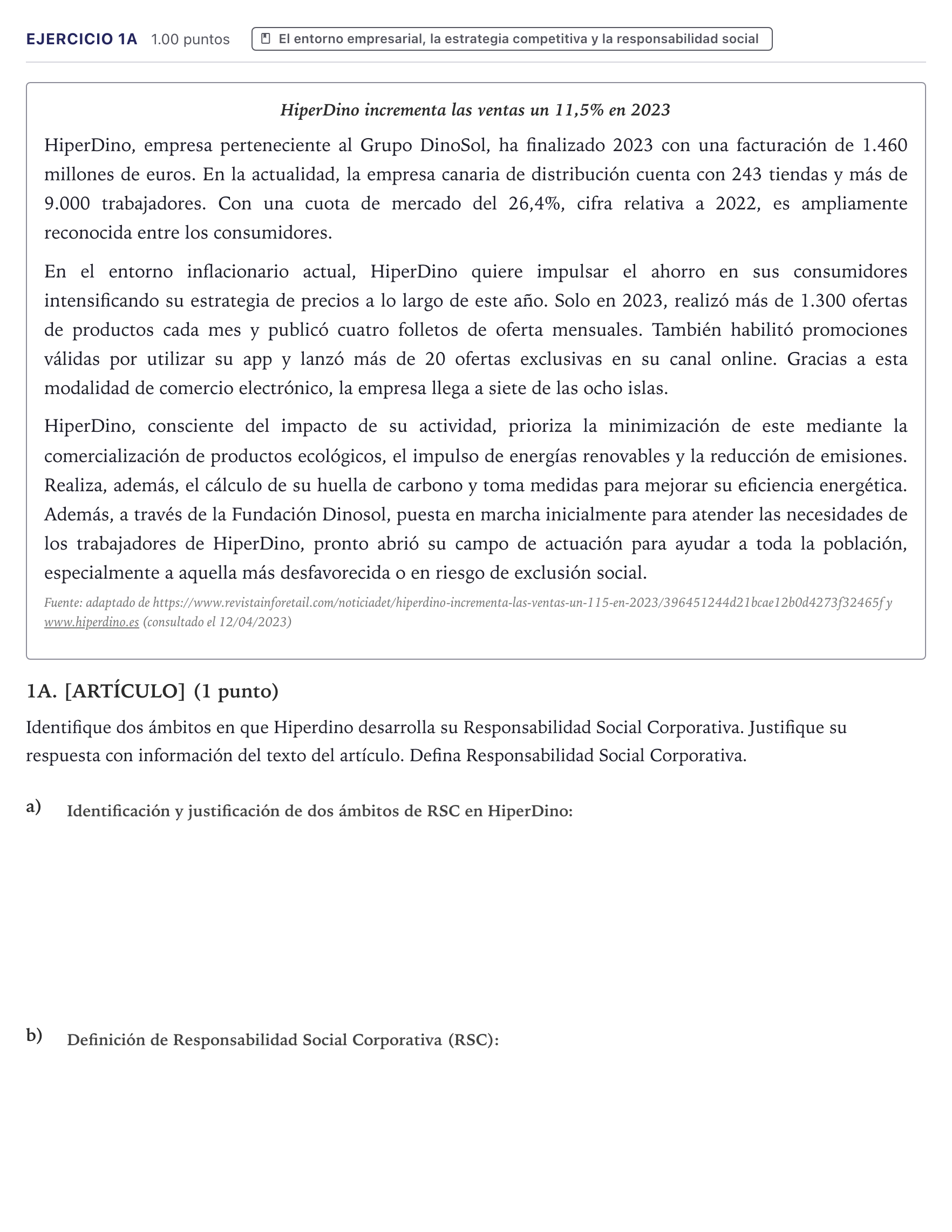 Enunciado: Ejercicio 1A · Economía de la Empresa PAU Canarias Junio 2024