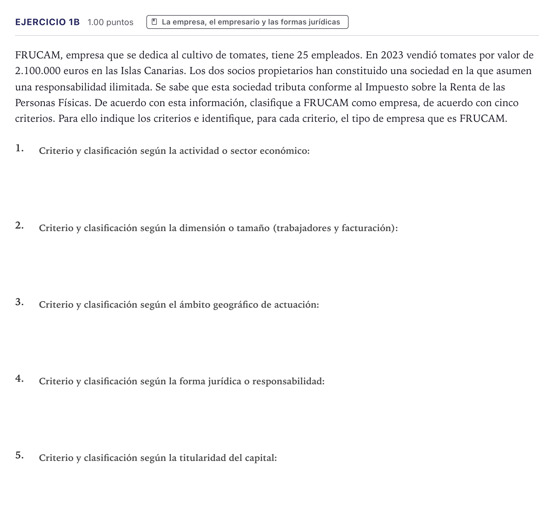 Enunciado: Ejercicio 1B · Economía de la Empresa PAU Canarias Junio 2024