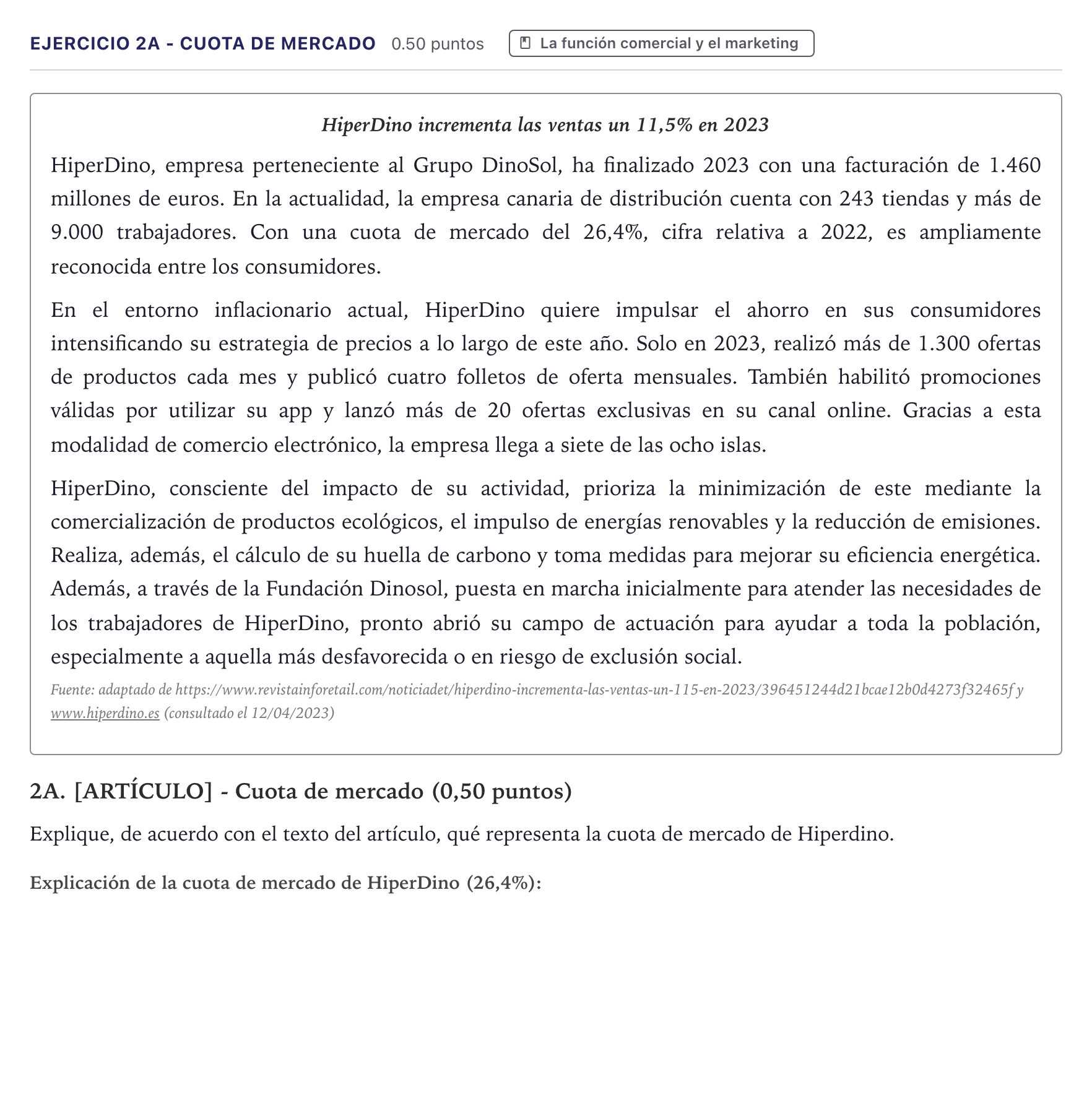 Enunciado: Ejercicio 2A - Cuota de mercado · Economía de la Empresa PAU Canarias Junio 2024