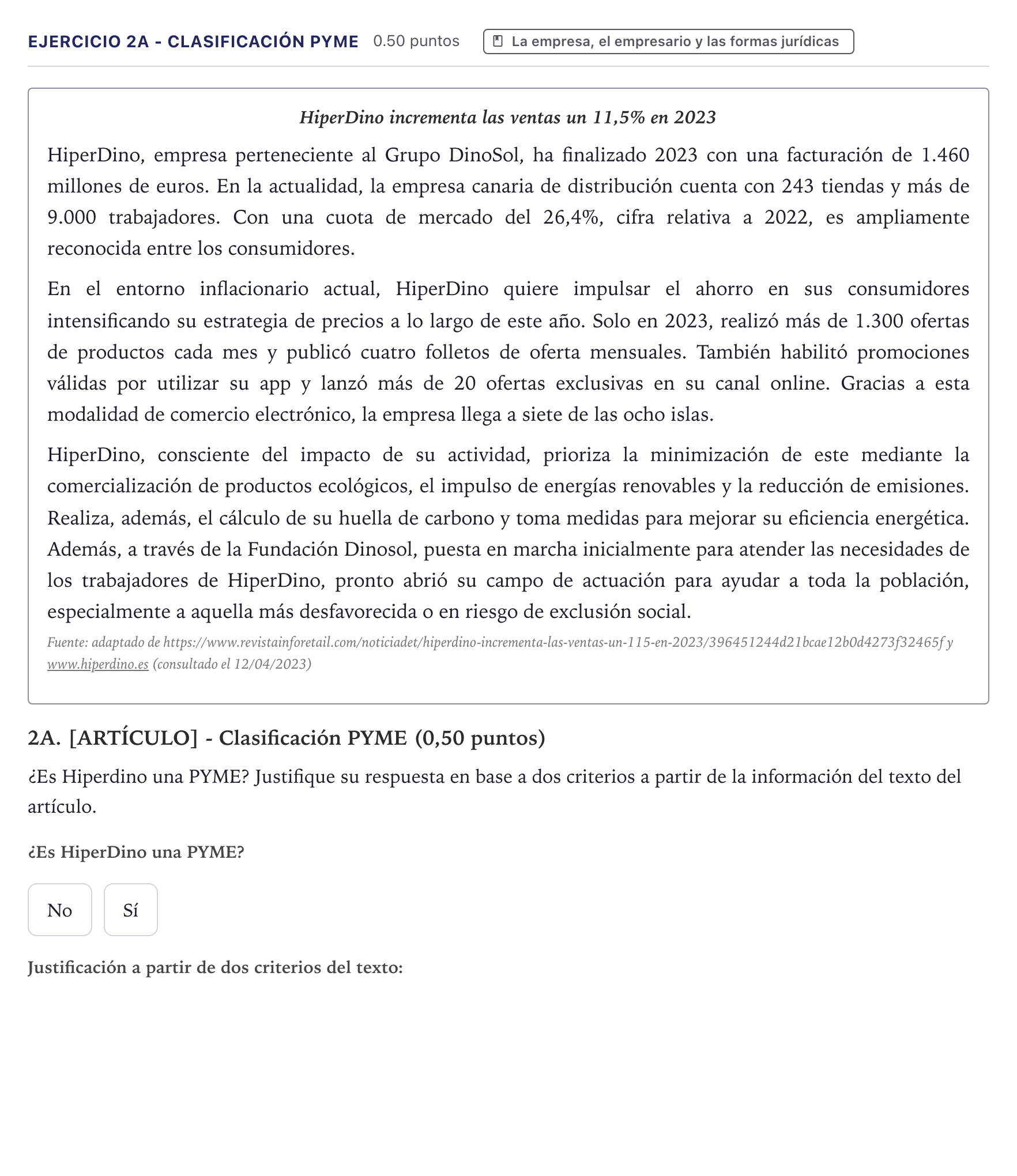 Enunciado: Ejercicio 2A - Clasificación PYME · Economía de la Empresa PAU Canarias Junio 2024