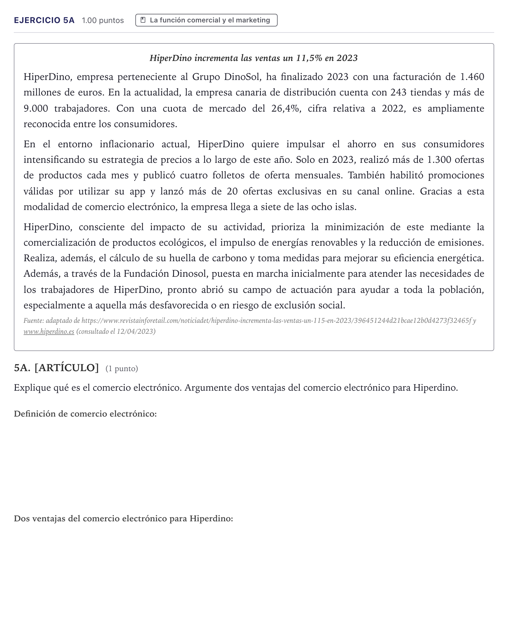 Enunciado: Ejercicio 5A · Economía de la Empresa PAU Canarias Junio 2024