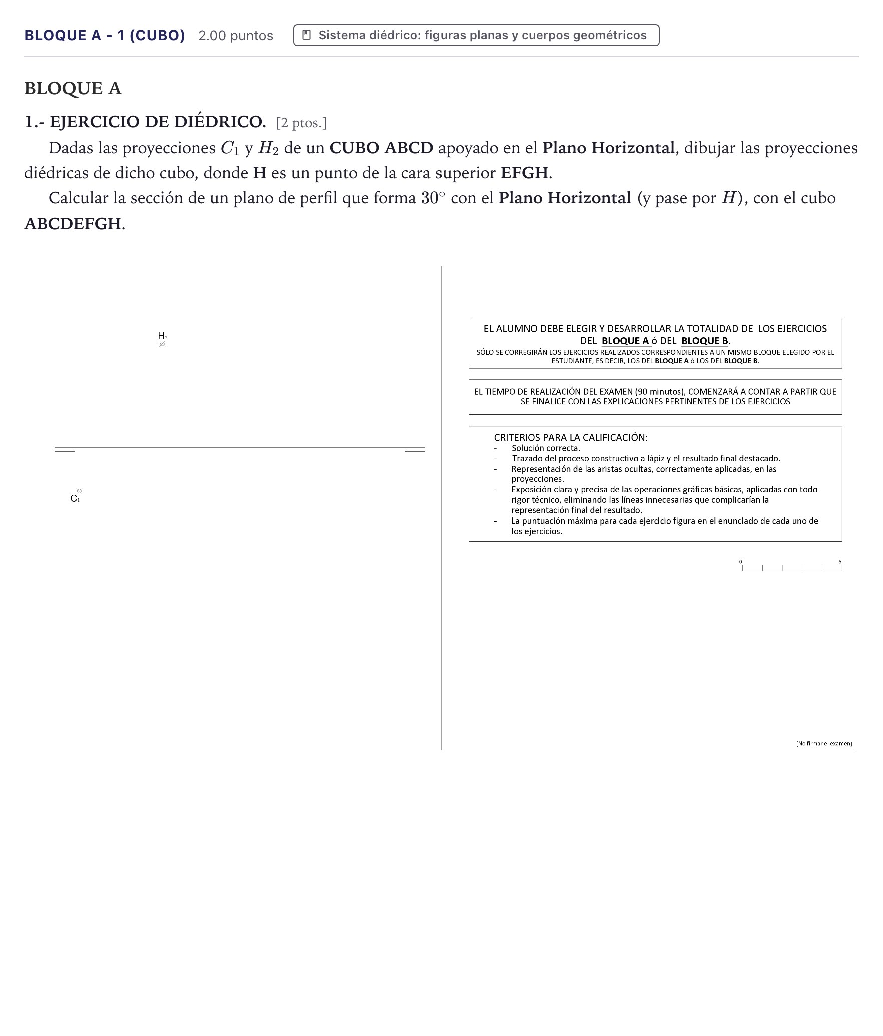 Enunciado: Bloque A - 1 (Cubo) · Dibujo técnico II PAU Canarias Junio 2024