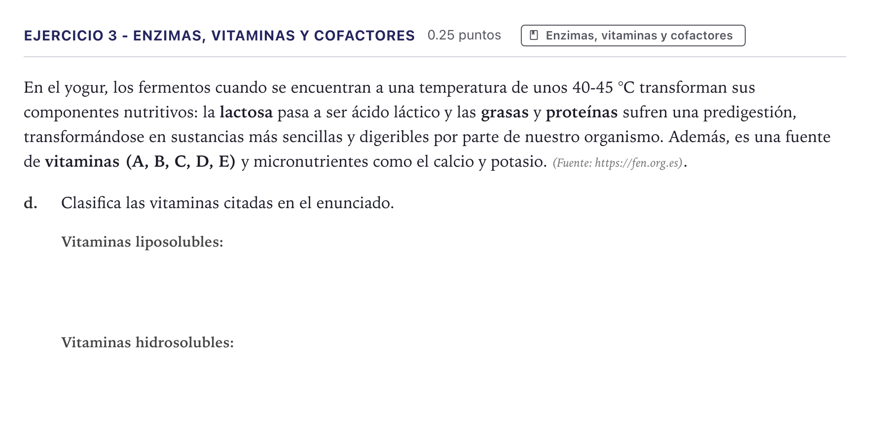 Enunciado: Ejercicio 3 - Enzimas, vitaminas y cofactores · Biología PAU Canarias Junio 2024