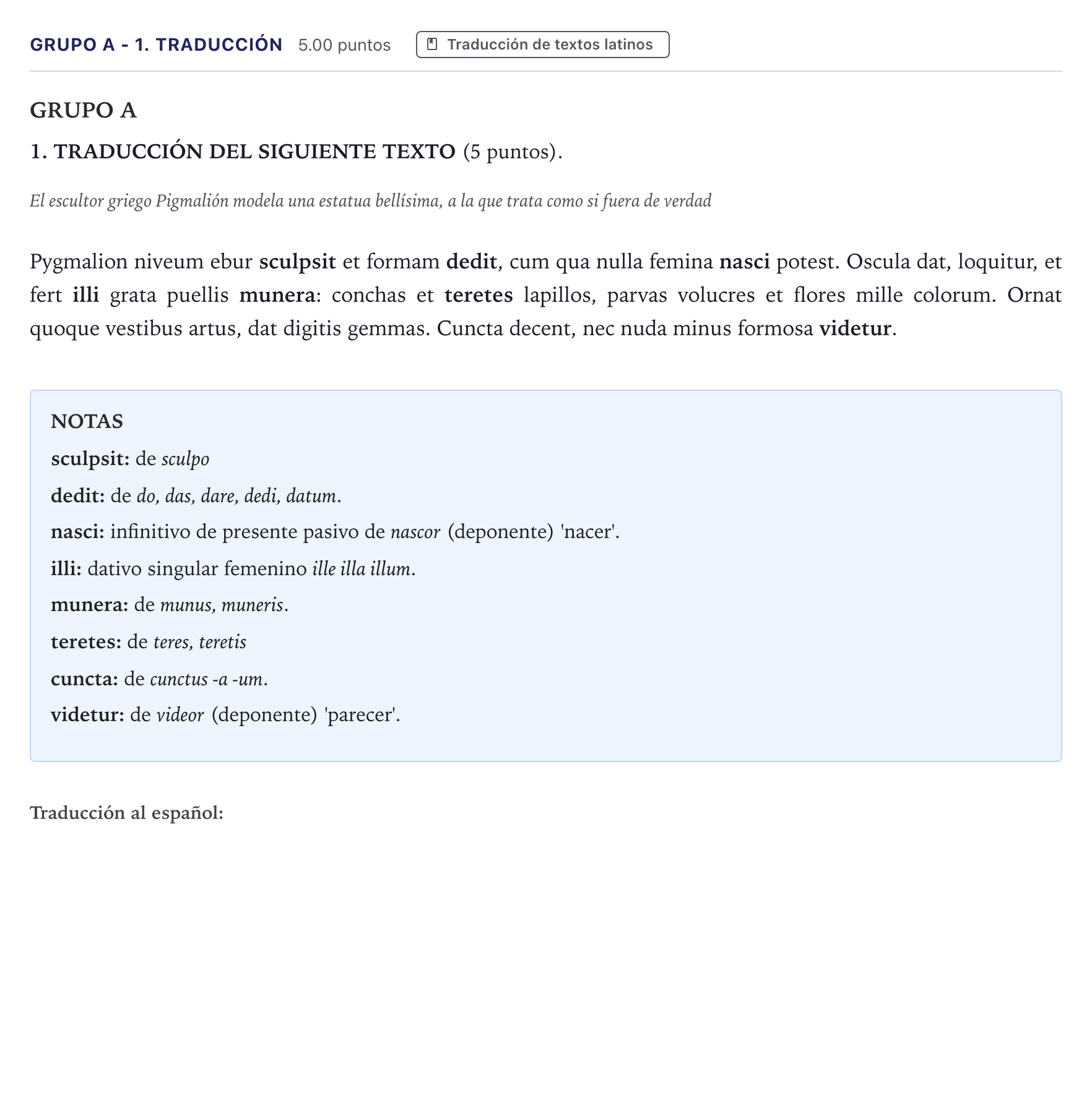 Enunciado: Ejercicio Grupo A - 1. Traducción · Latín II PAU Canarias Junio 2024