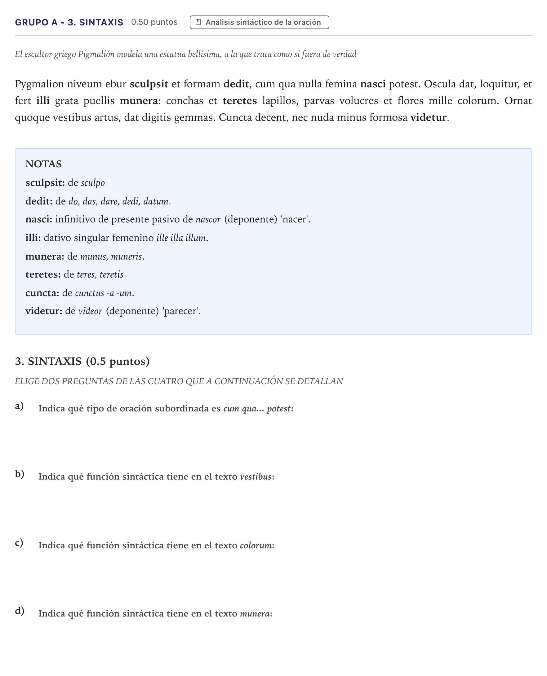 Enunciado: Ejercicio Grupo A - 3. Sintaxis · Latín II PAU Canarias Junio 2024