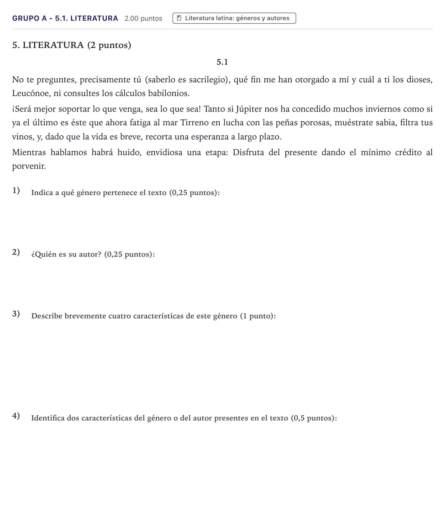 Enunciado: Ejercicio Grupo A - 5.1. Literatura · Latín II PAU Canarias Junio 2024