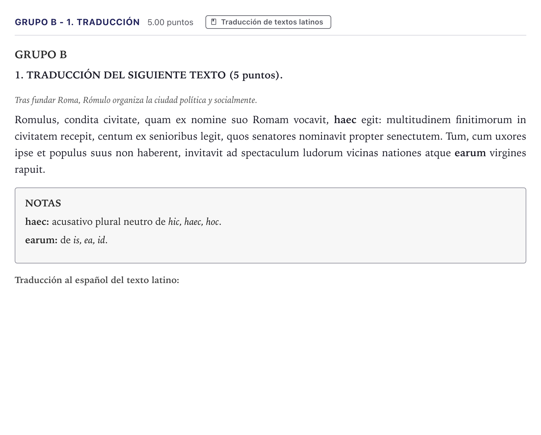 Enunciado: Ejercicio Grupo B - 1. Traducción · Latín II PAU Canarias Junio 2024