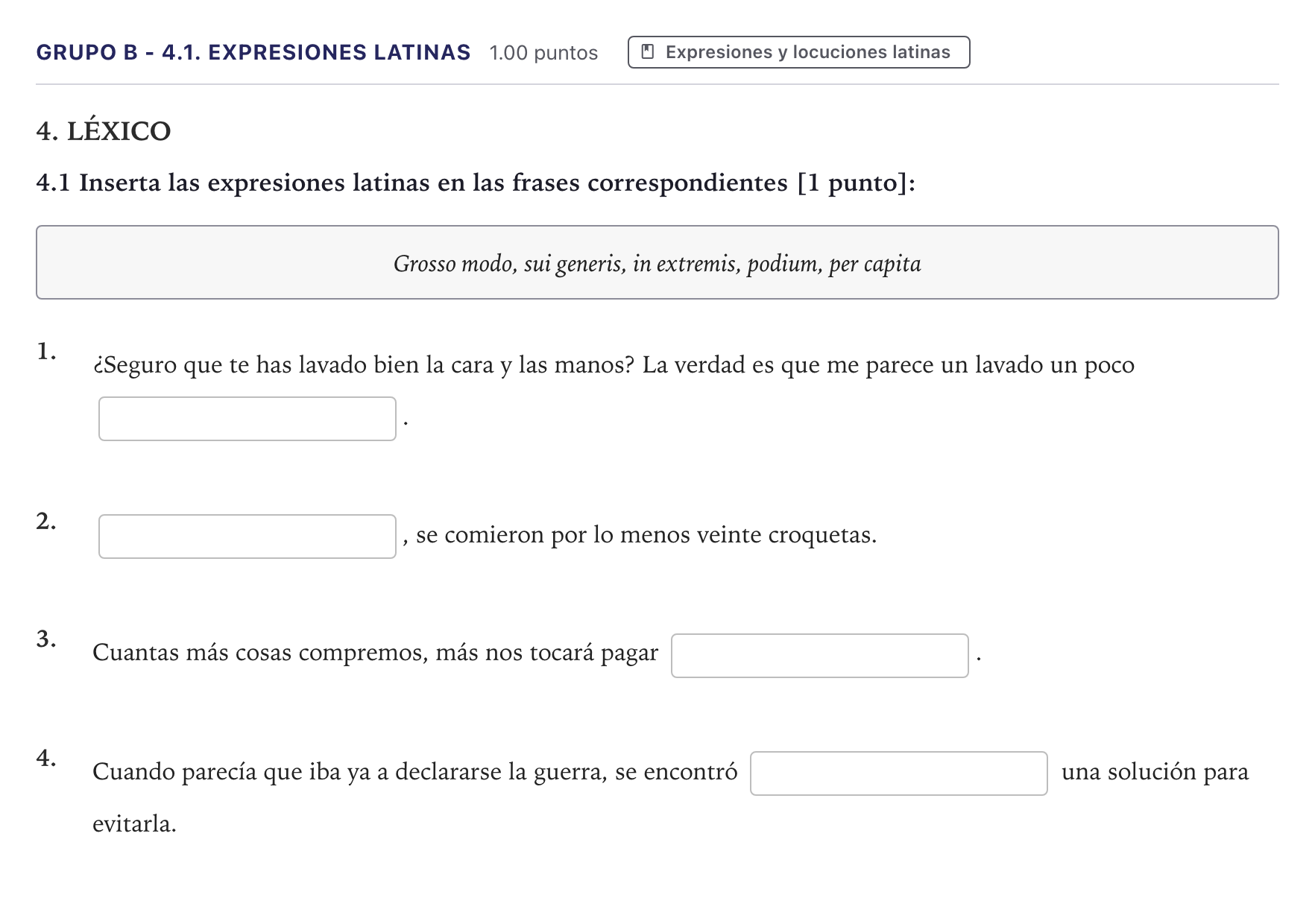 Enunciado: Ejercicio Grupo B - 4.1. Expresiones latinas · Latín II PAU Canarias Junio 2024