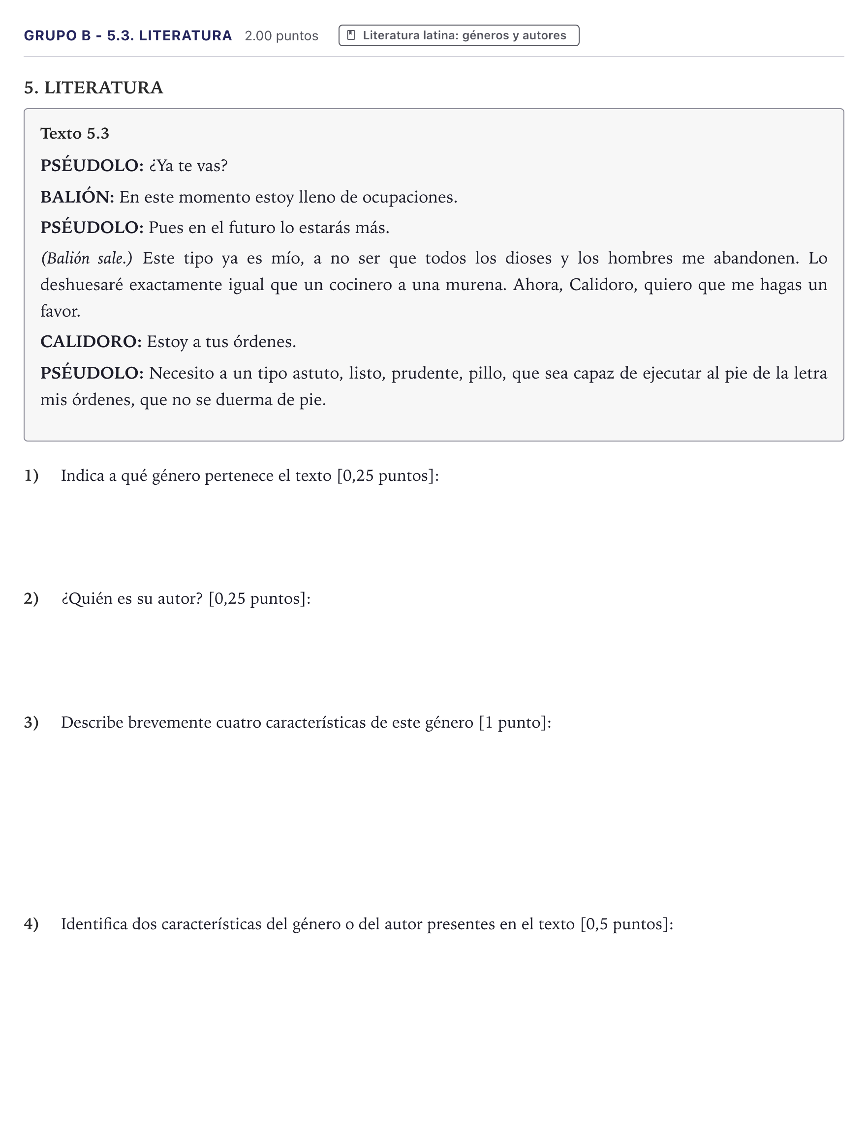 Enunciado: Ejercicio Grupo B - 5.3. Literatura · Latín II PAU Canarias Junio 2024