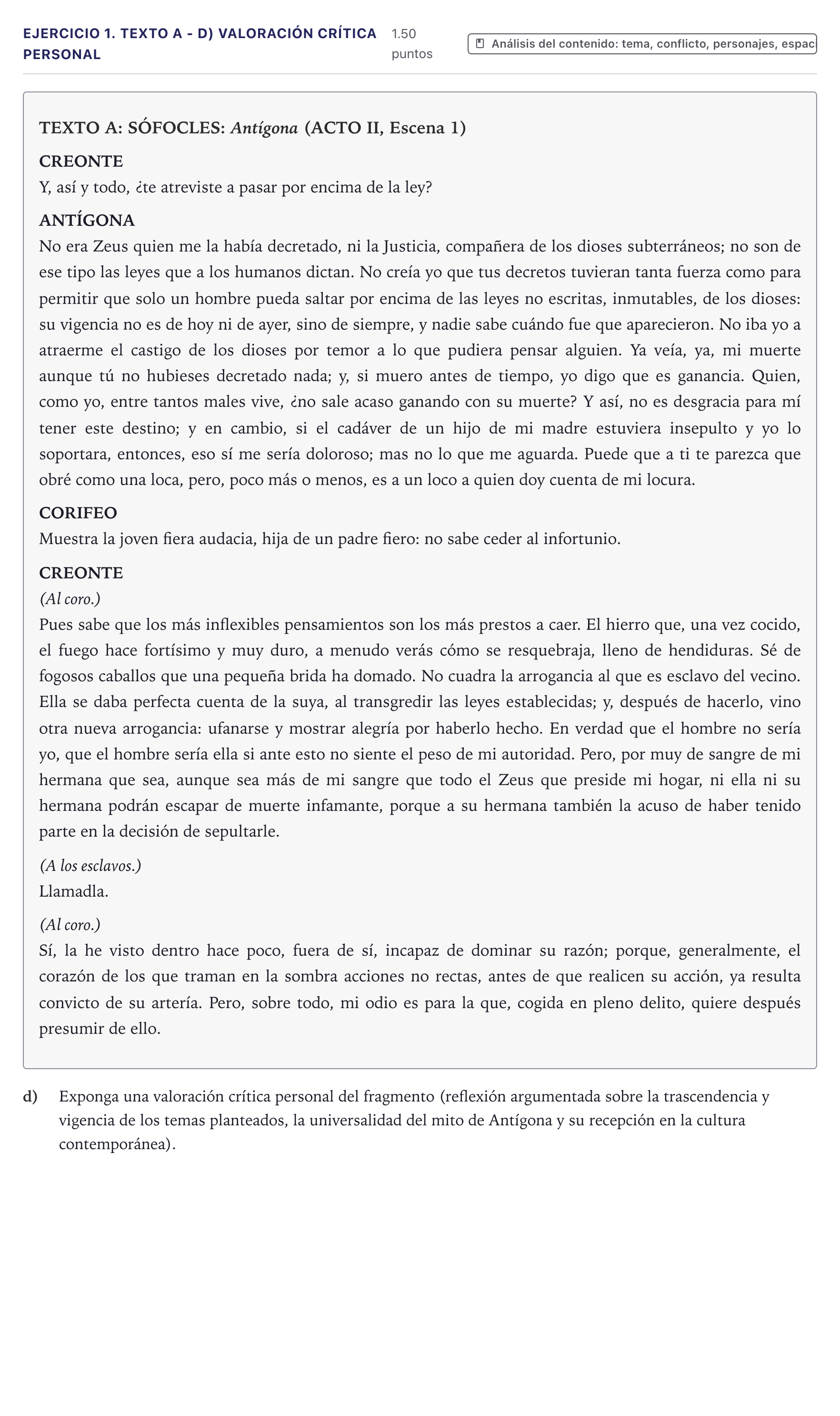 Enunciado: Ejercicio 1. Texto A - d) Valoración crítica personal · Literatura Dramática PAU Canarias Junio 2024