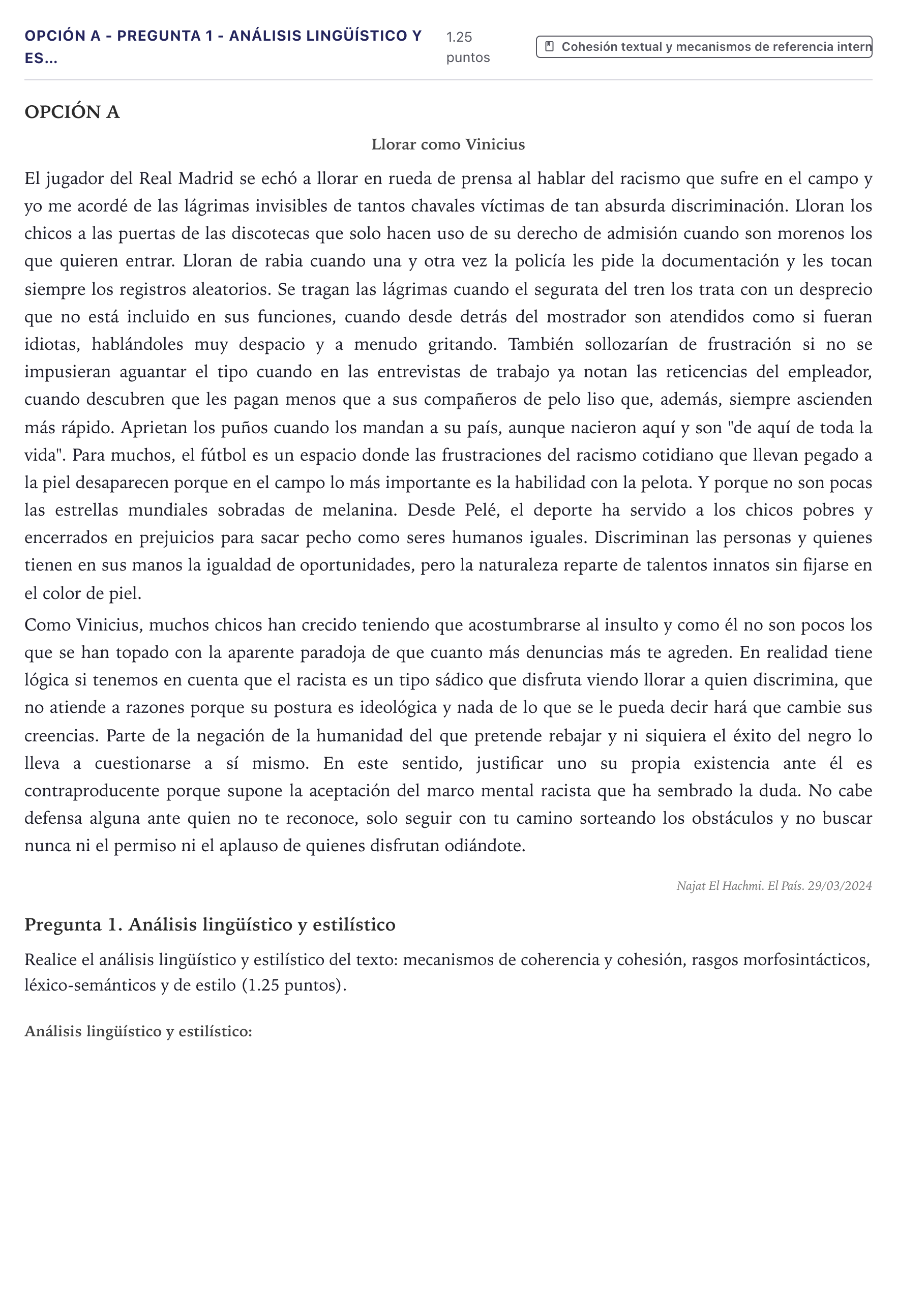 Enunciado: Opción A - Pregunta 1 - Análisis lingüístico y es… · Lengua Castellana y Literatura II PAU Canarias Julio 2024