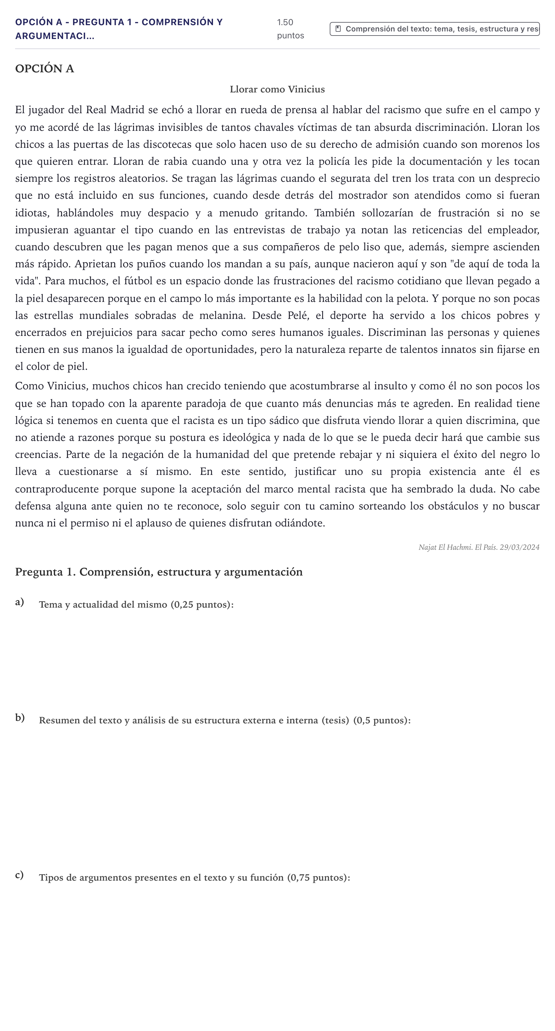 Enunciado: Opción A - Pregunta 1 - Comprensión y argumentaci… · Lengua Castellana y Literatura II PAU Canarias Julio 2024