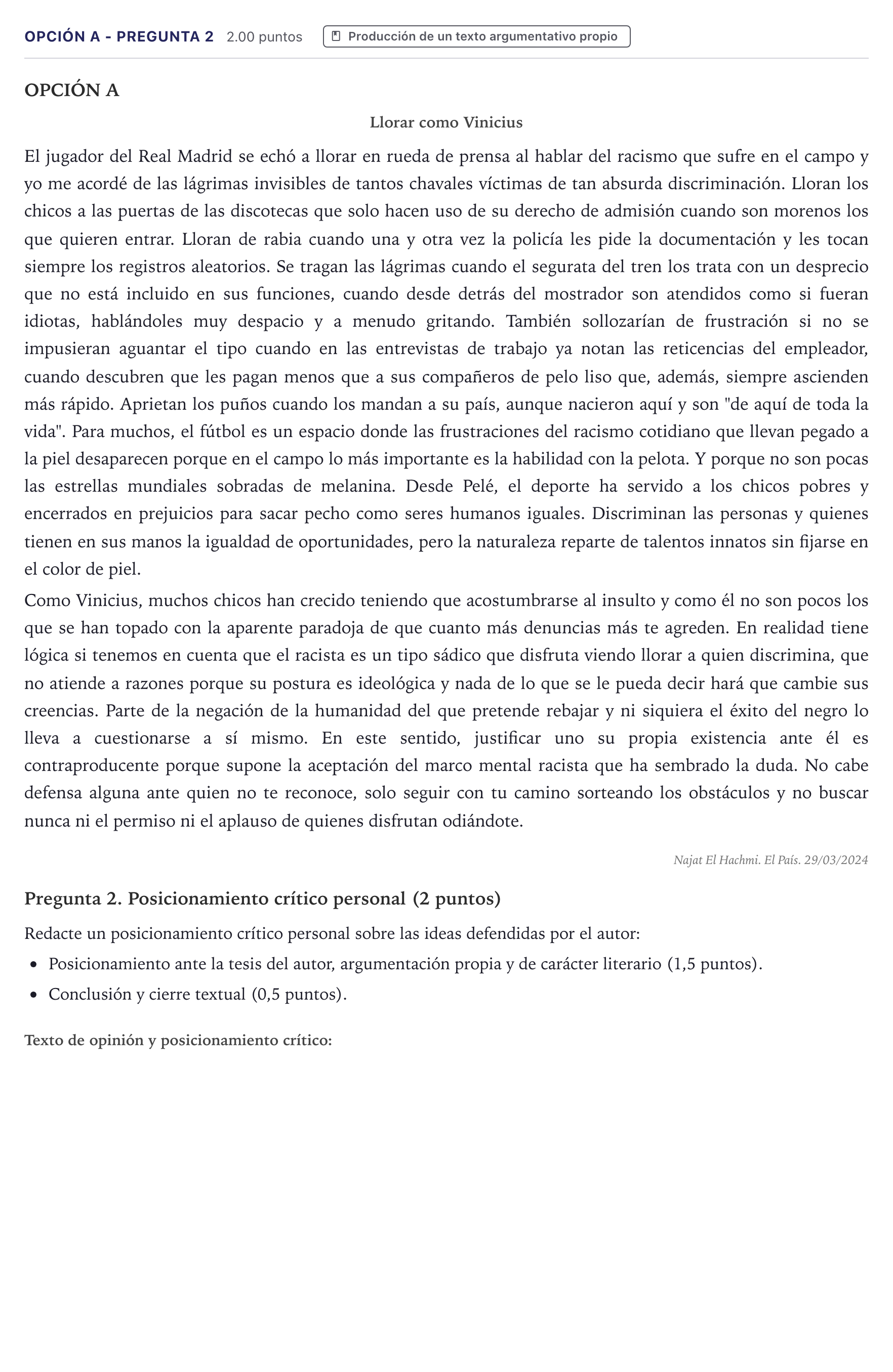 Enunciado: Opción A - Pregunta 2 · Lengua Castellana y Literatura II PAU Canarias Julio 2024