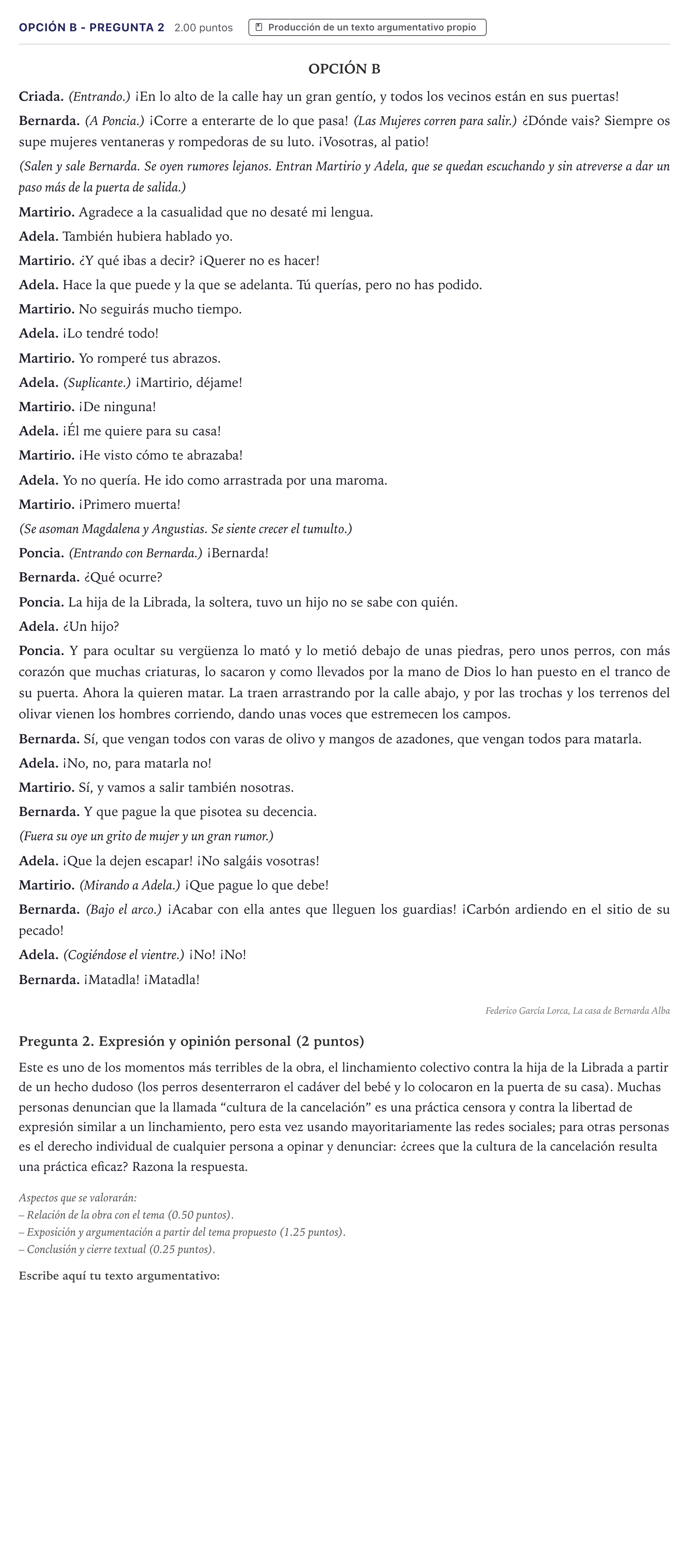 Enunciado: Opción B - Pregunta 2 · Lengua Castellana y Literatura II PAU Canarias Julio 2024