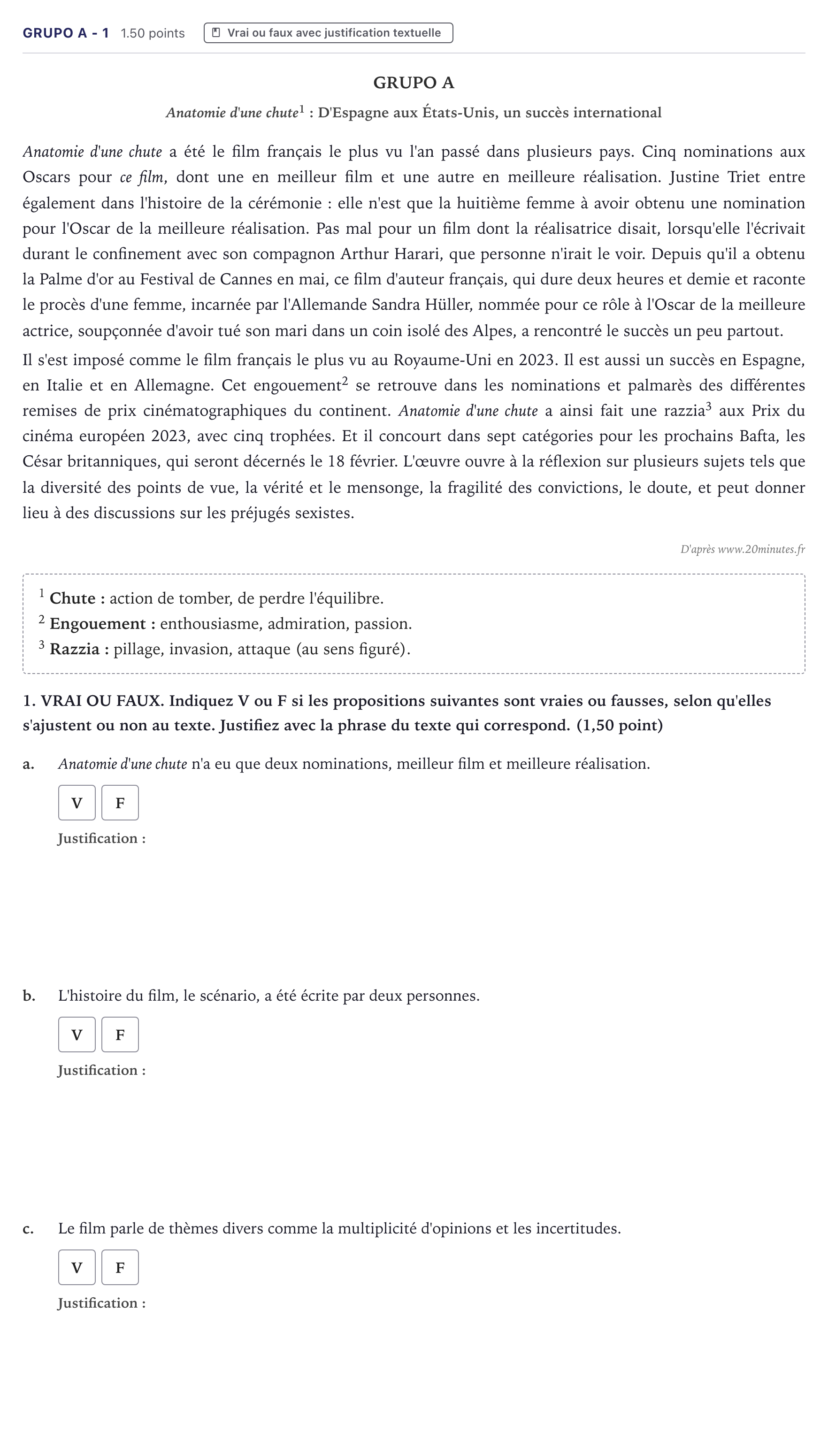 Enunciado: Ejercicio Grupo A - 1 · Francés PAU Canarias Julio 2024
