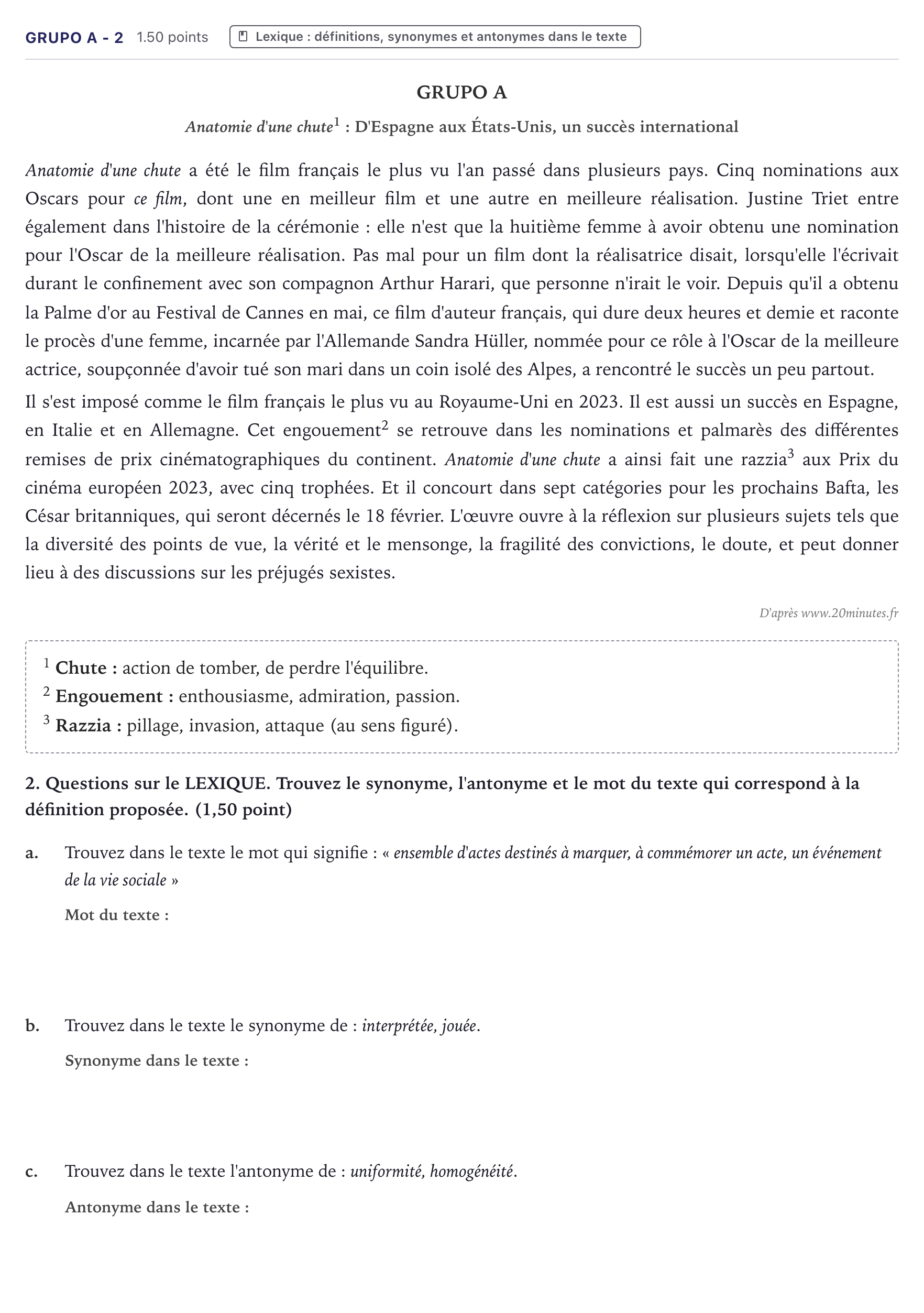 Enunciado: Ejercicio Grupo A - 2 · Francés PAU Canarias Julio 2024