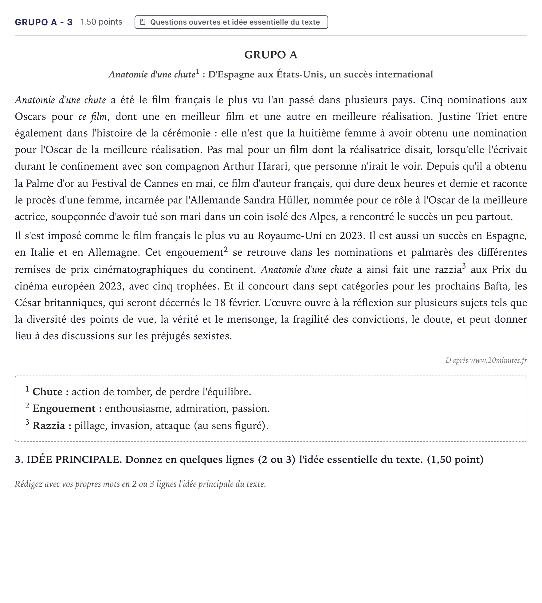 Enunciado: Ejercicio Grupo A - 3 · Francés PAU Canarias Julio 2024