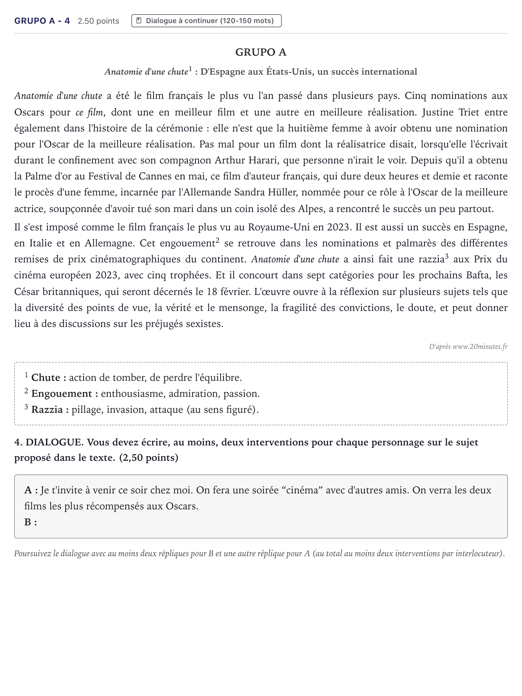 Enunciado: Ejercicio Grupo A - 4 · Francés PAU Canarias Julio 2024