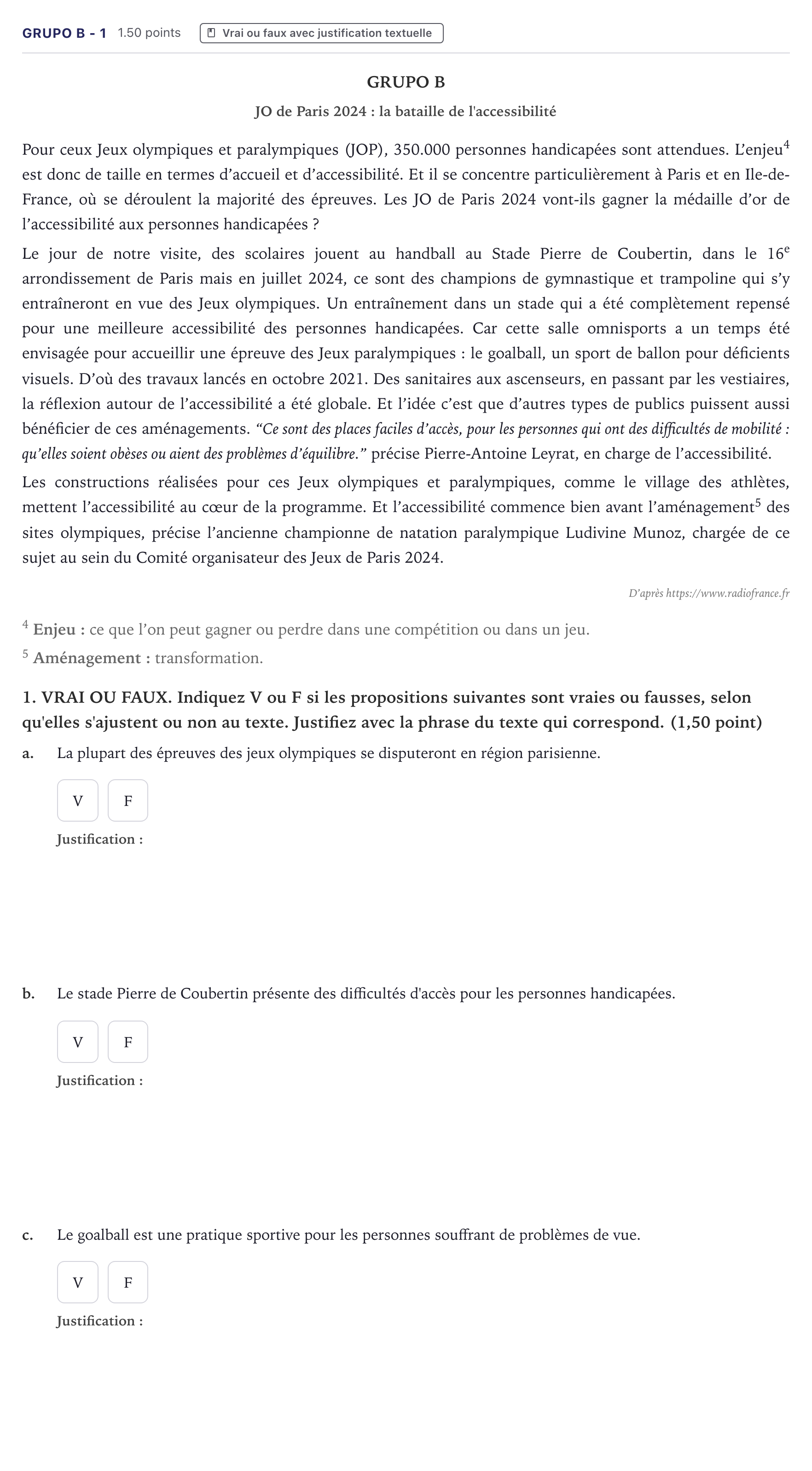 Enunciado: Ejercicio Grupo B - 1 · Francés PAU Canarias Julio 2024