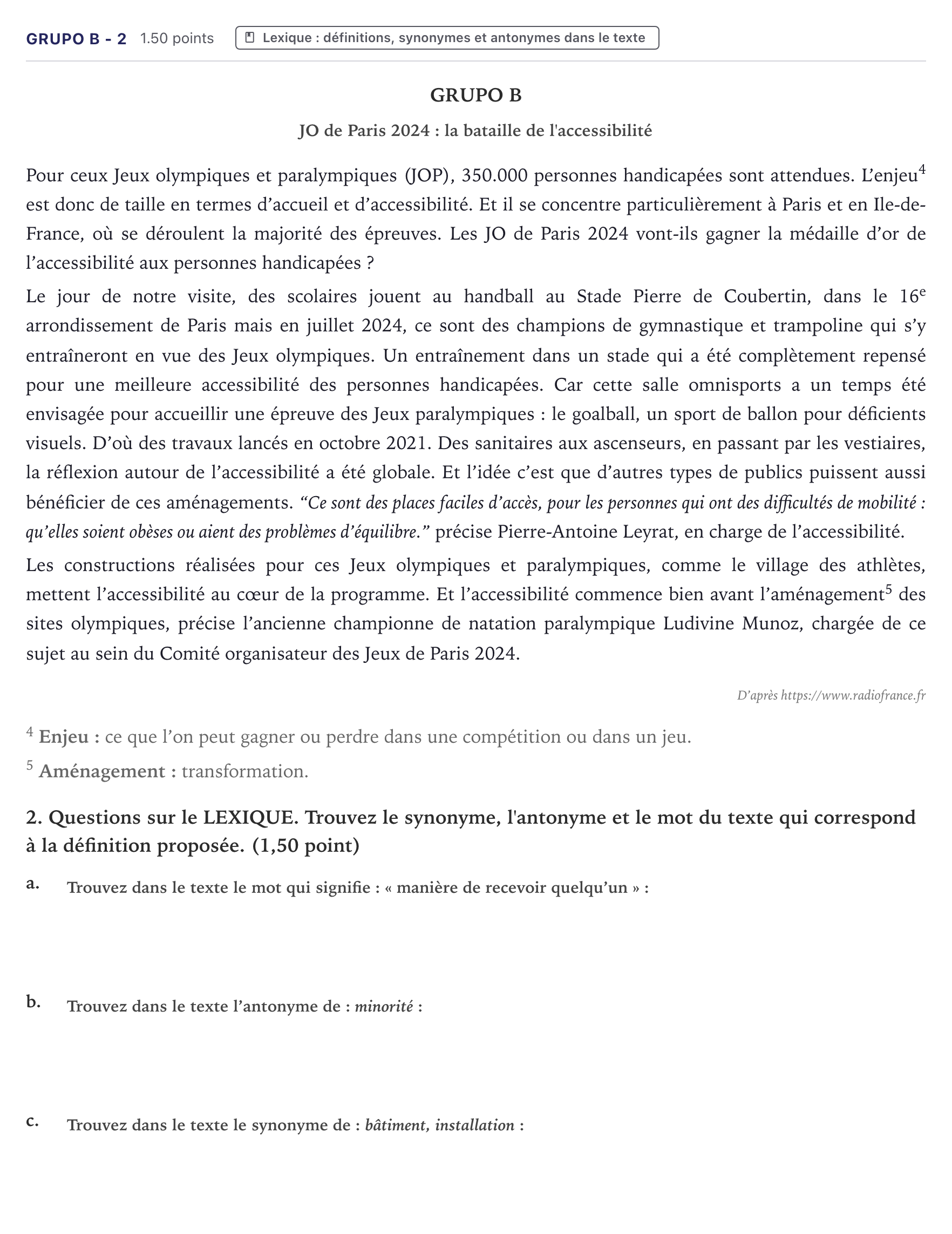 Enunciado: Ejercicio Grupo B - 2 · Francés PAU Canarias Julio 2024
