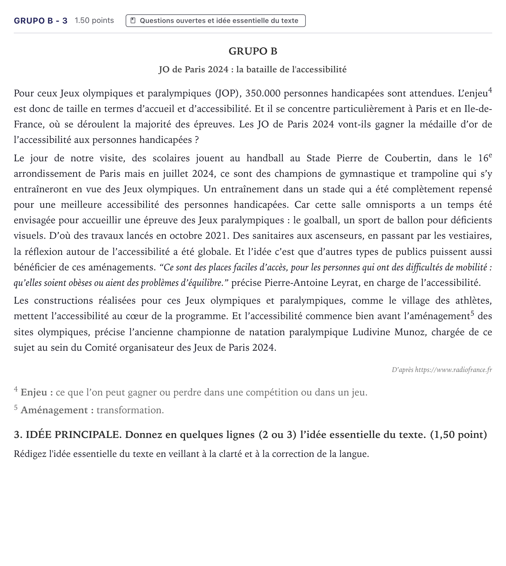 Enunciado: Ejercicio Grupo B - 3 · Francés PAU Canarias Julio 2024