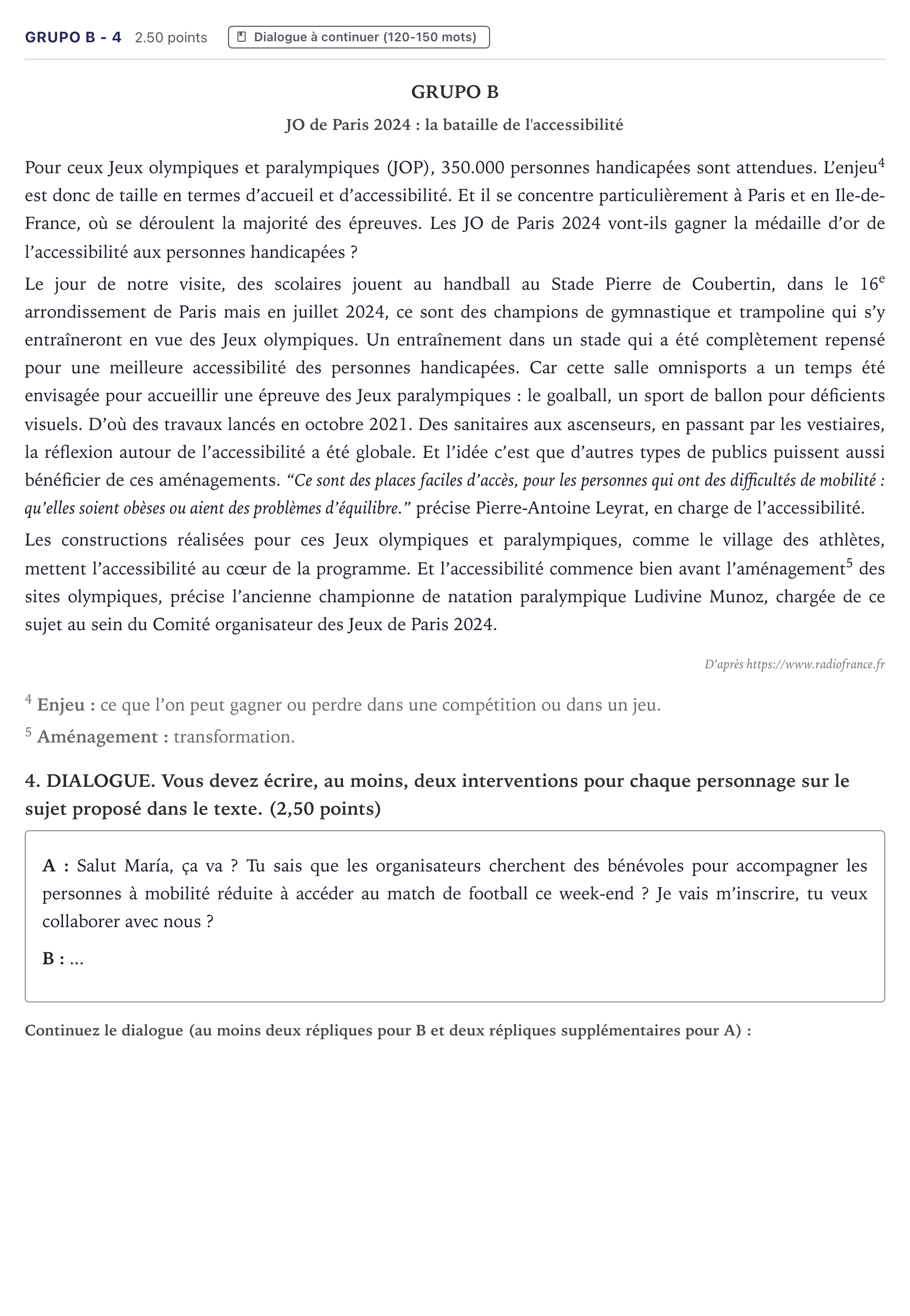 Enunciado: Ejercicio Grupo B - 4 · Francés PAU Canarias Julio 2024