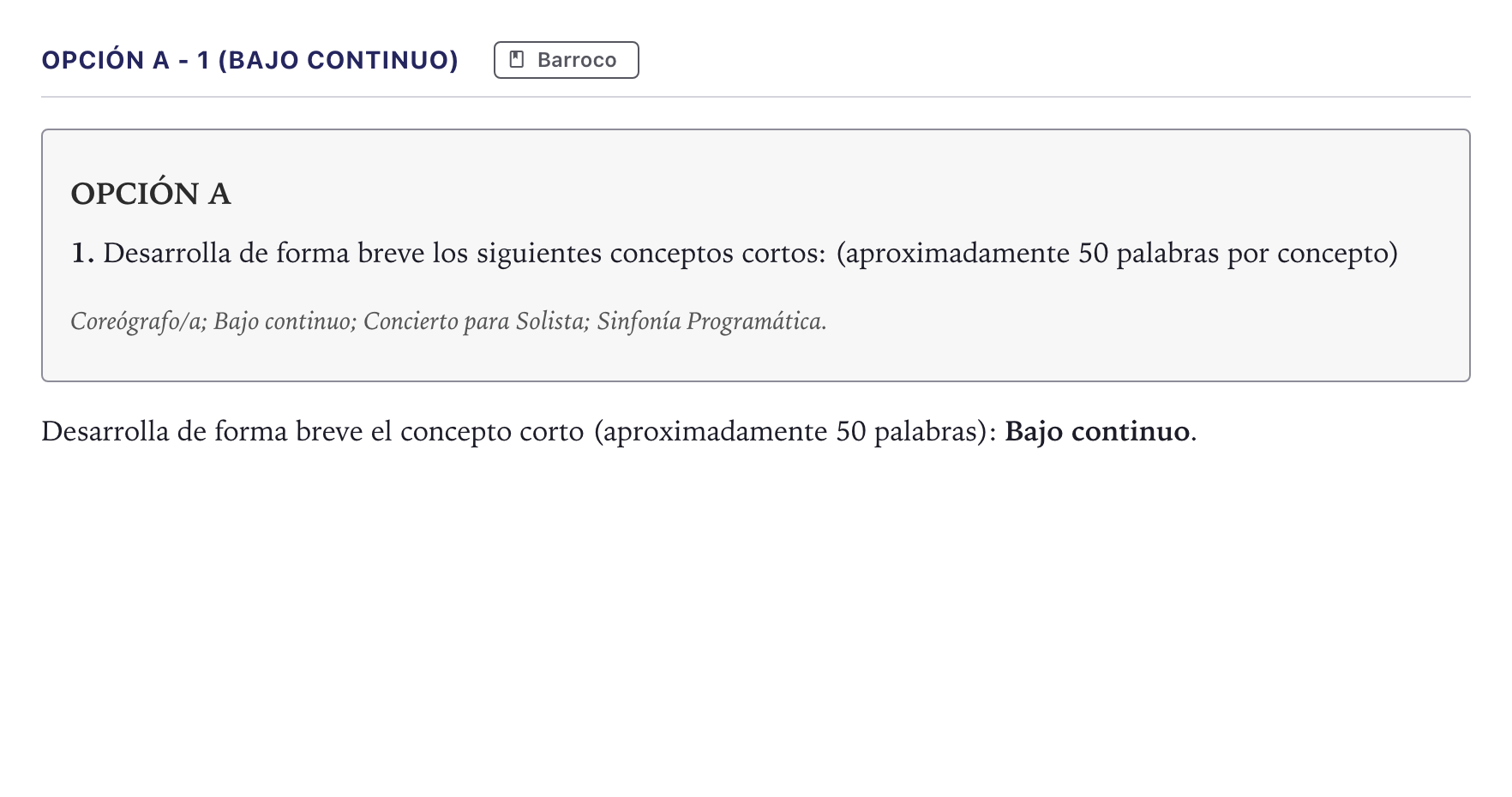 Enunciado: Opción A - 1 (Bajo continuo) · Historia de la Música y la Danza PAU Canarias Julio 2024