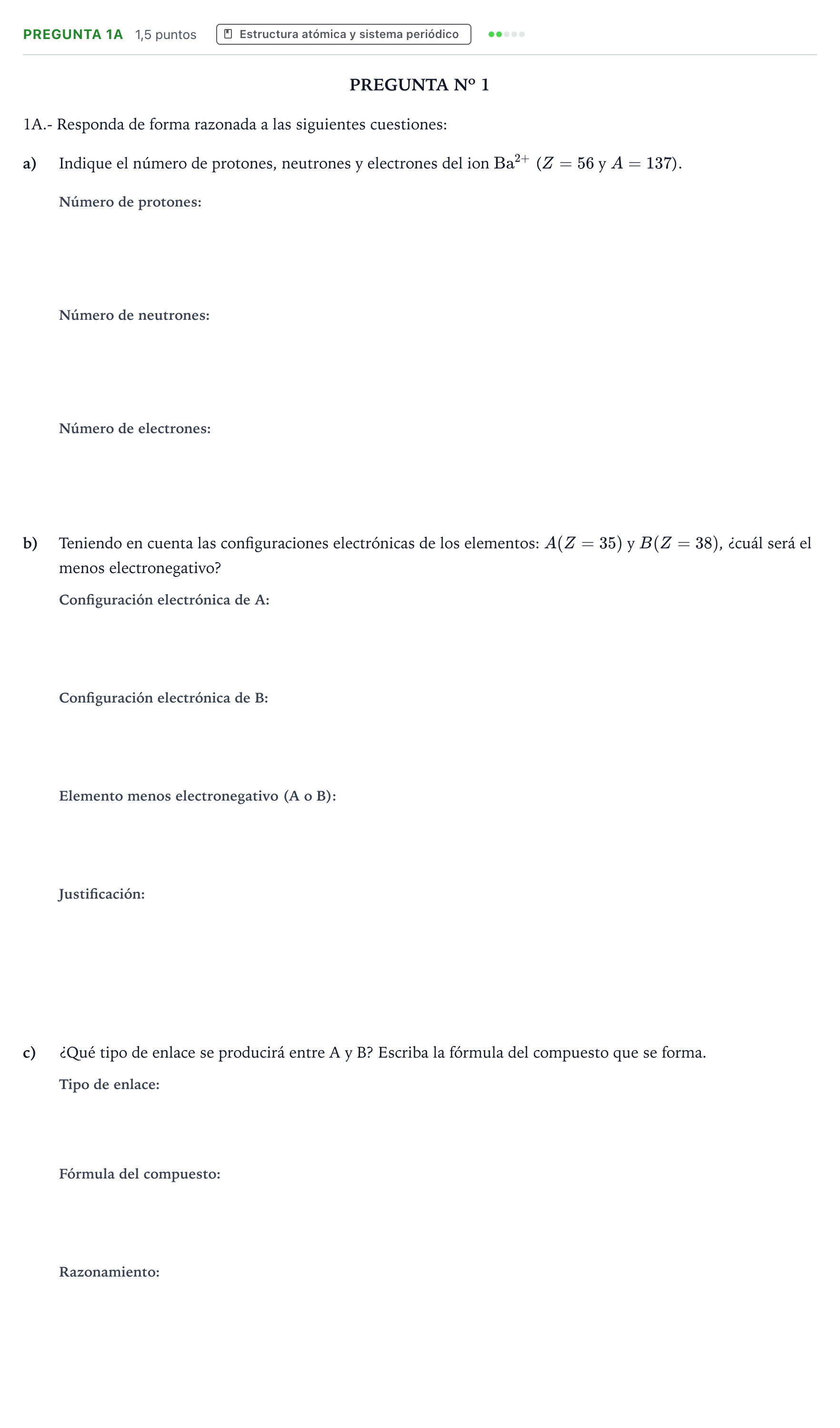 Enunciado: Pregunta 1A - Estructura atómica · Química PAU Canarias Julio 2024