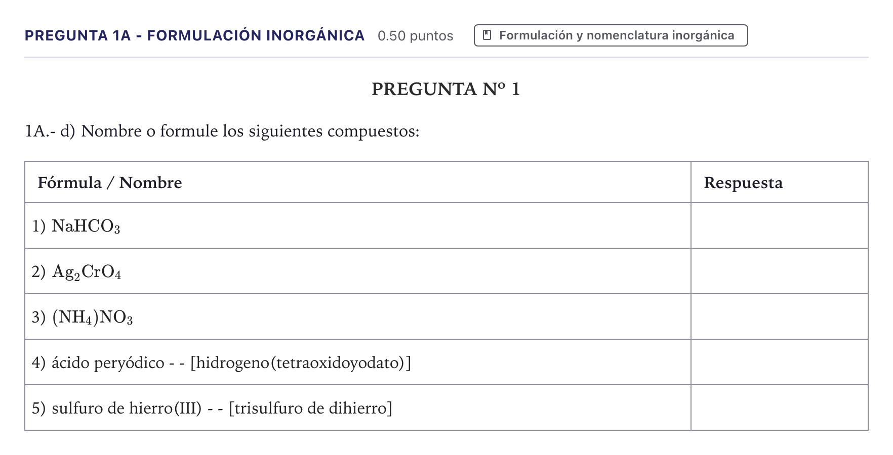 Enunciado: Pregunta 1A - Formulación inorgánica · Química PAU Canarias Julio 2024